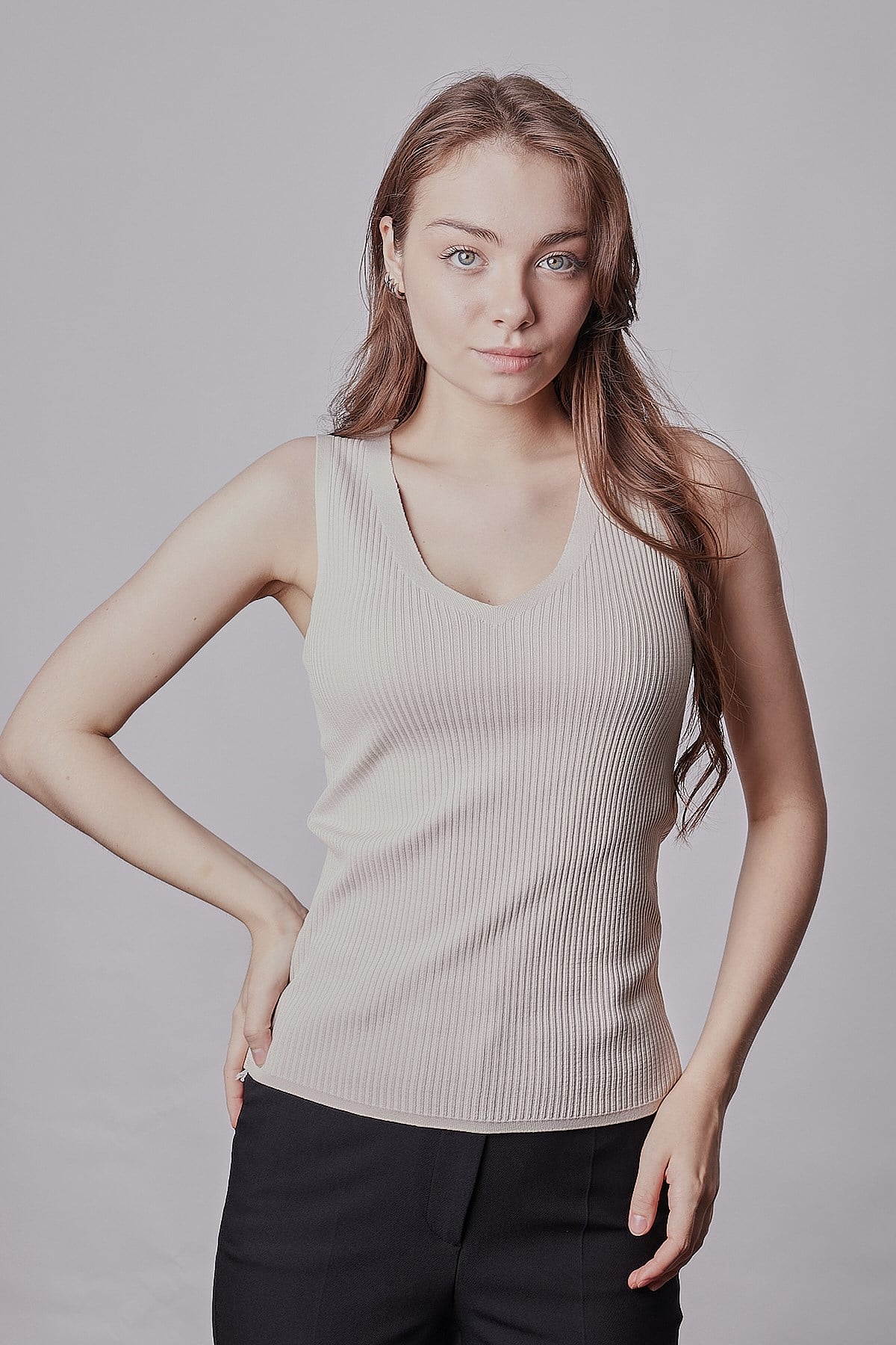 Kadın Likralı Esnek Triko V Yaka Kaşkorse Body Bluz-Taş