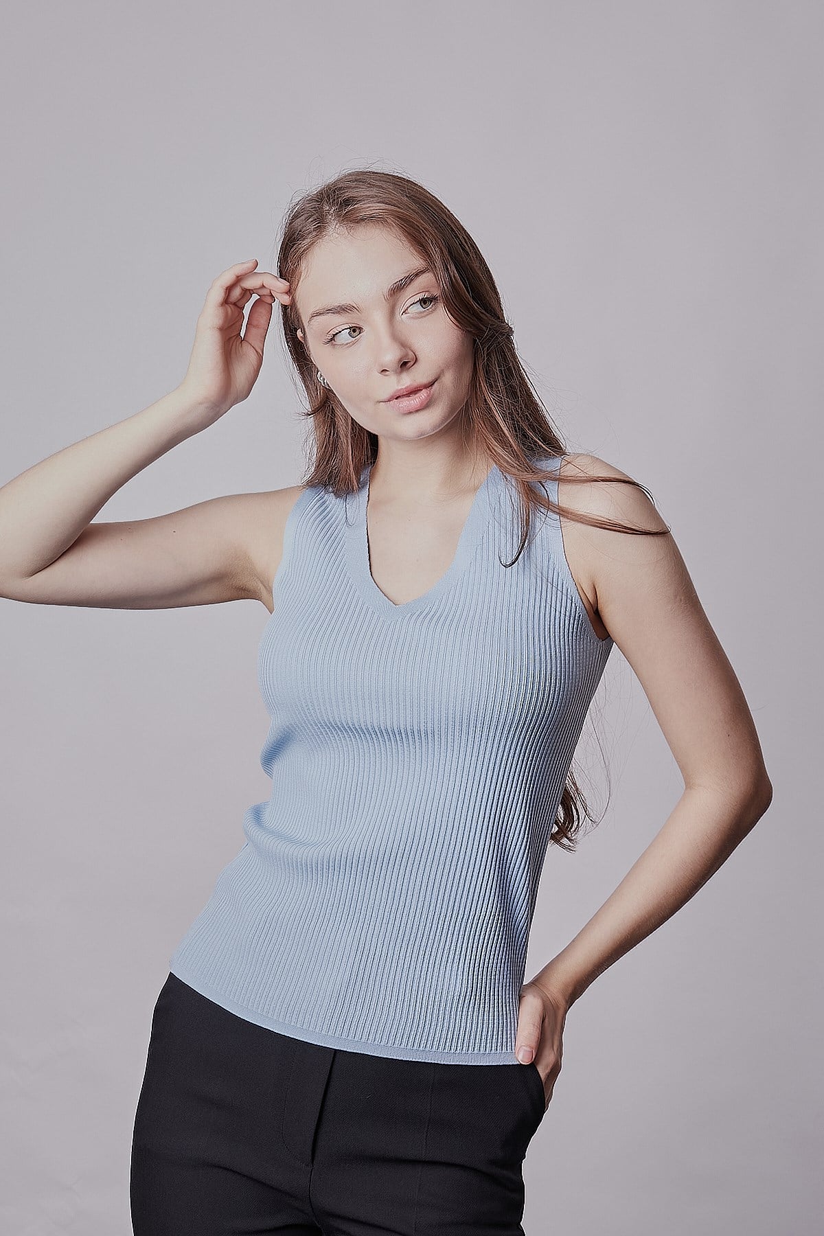 Kadın Likralı Esnek Triko V Yaka Kaşkorse Body Bluz-Mavi