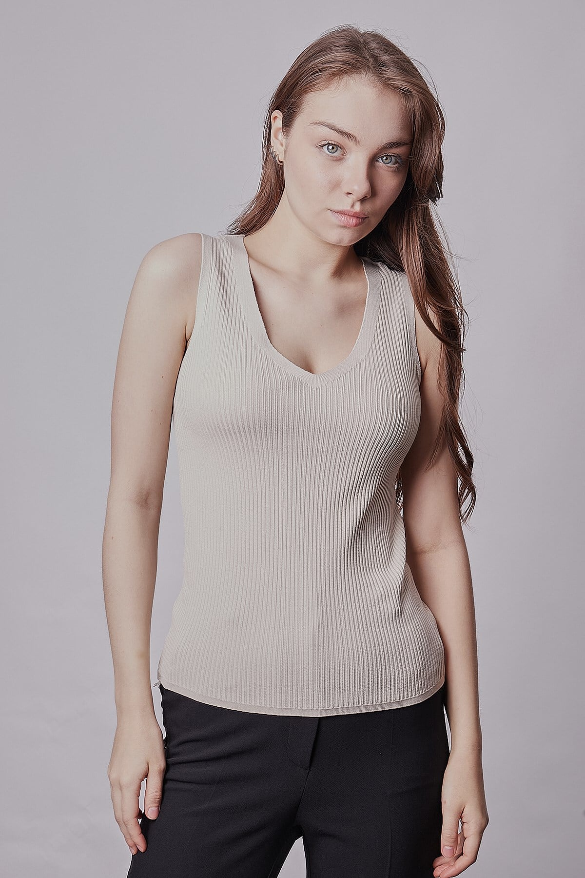 Kadın Likralı Esnek Triko V Yaka Kaşkorse Body Bluz-Taş