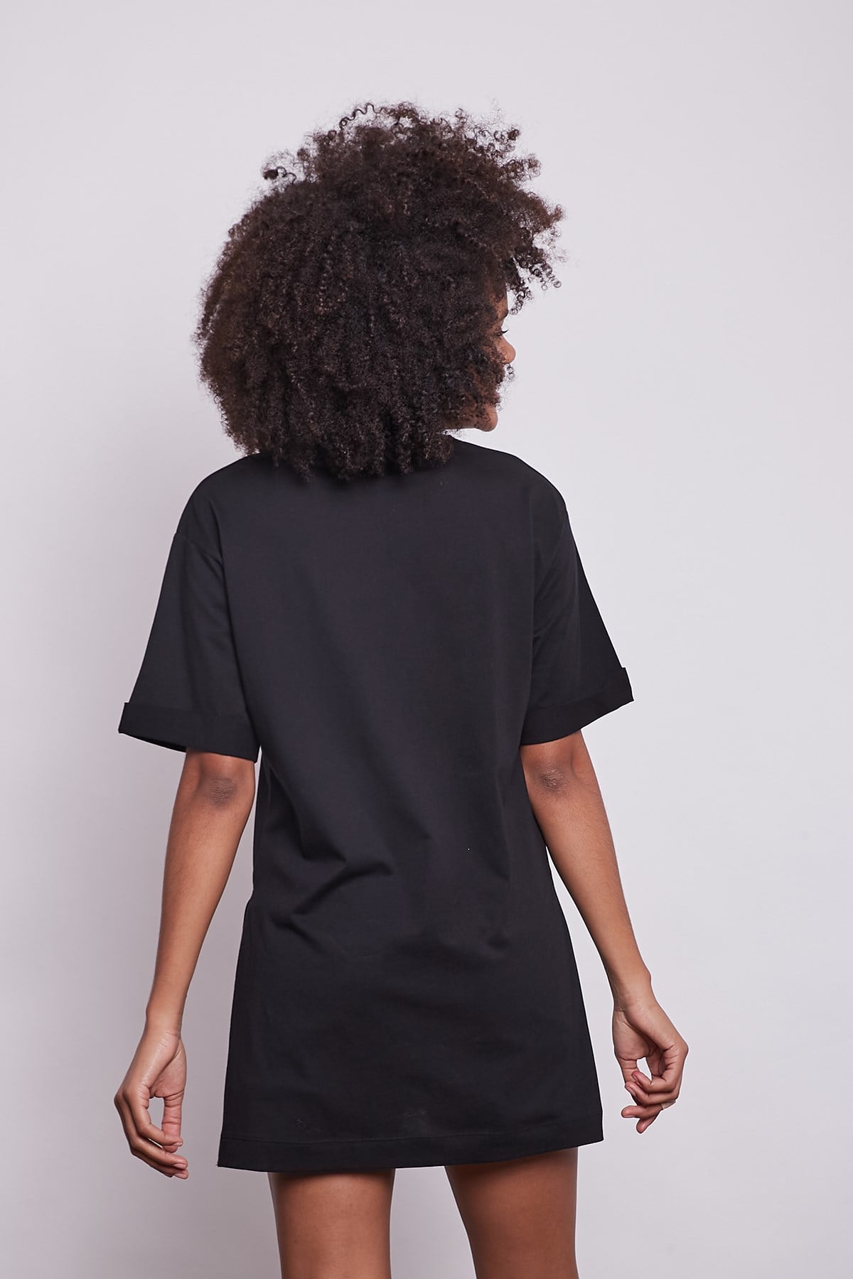 Likrasız Pamuk Sıfır Yaka Bol Duble Kol Yan Yırtmaçlı Oversize Tshirt-Siyah