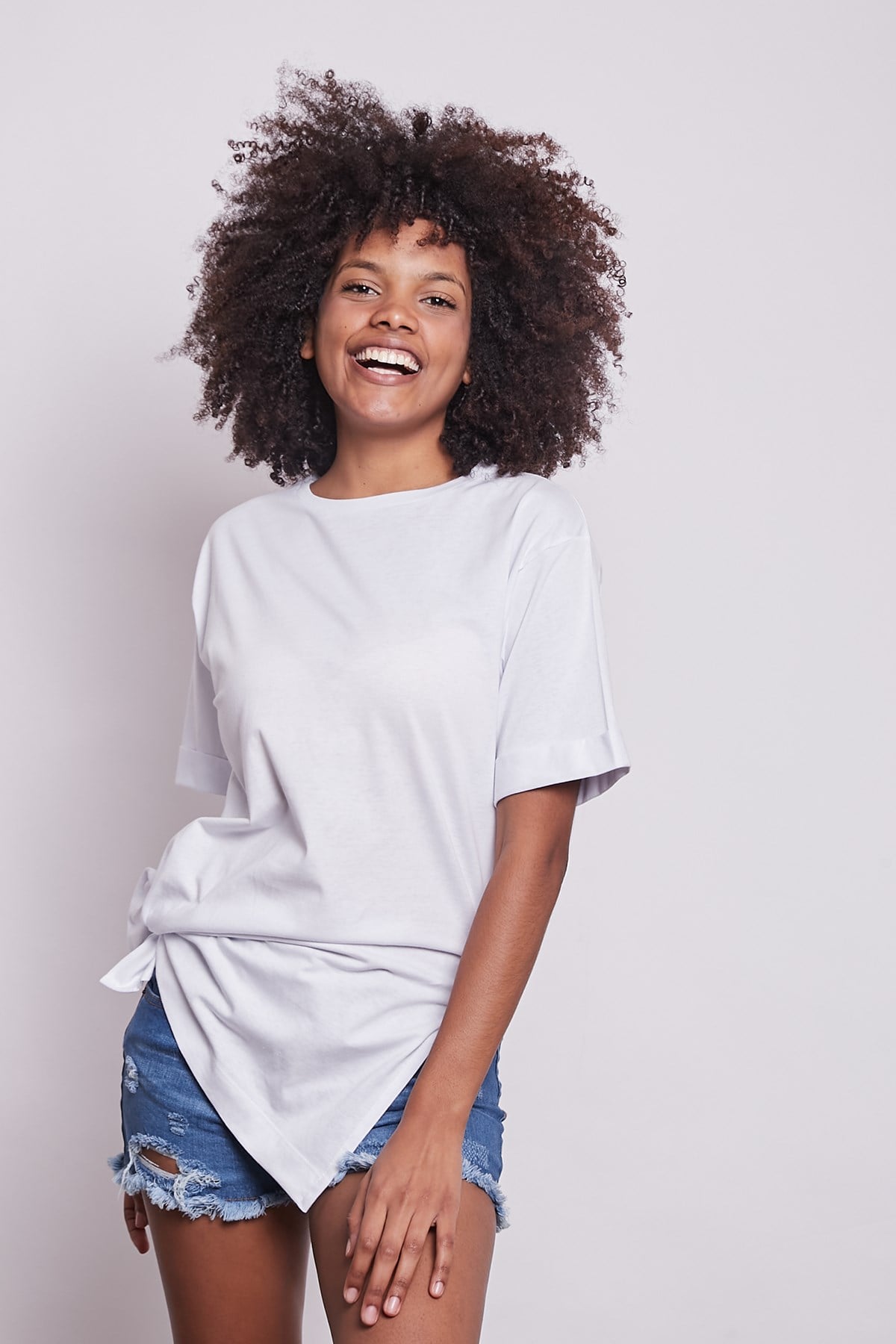 Likrasız Pamuk Sıfır Yaka Bol Duble Kol Yan Yırtmaçlı Oversize Tshirt-Beyaz