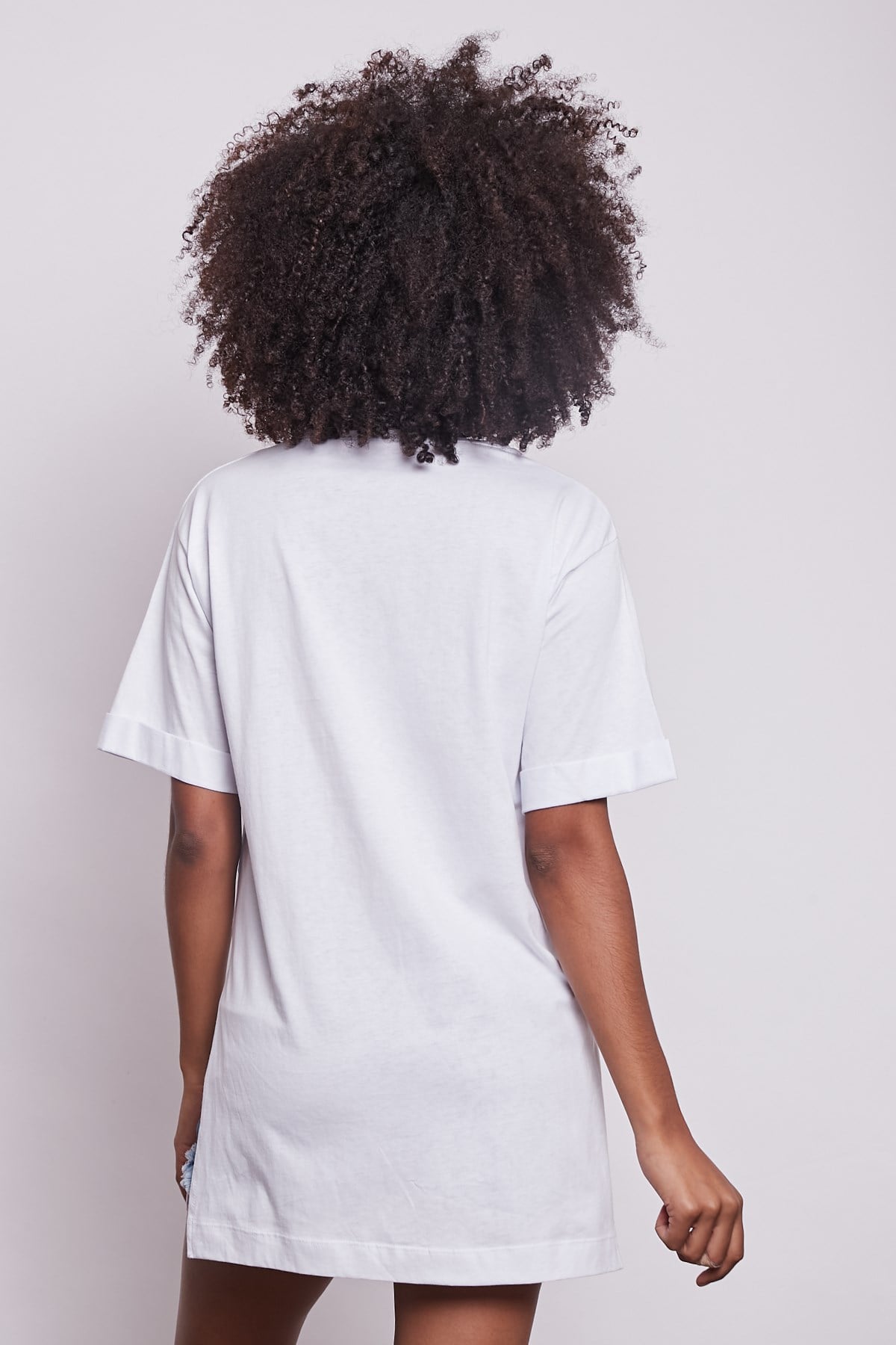 Likrasız Pamuk Sıfır Yaka Bol Duble Kol Yan Yırtmaçlı Oversize Tshirt-Beyaz