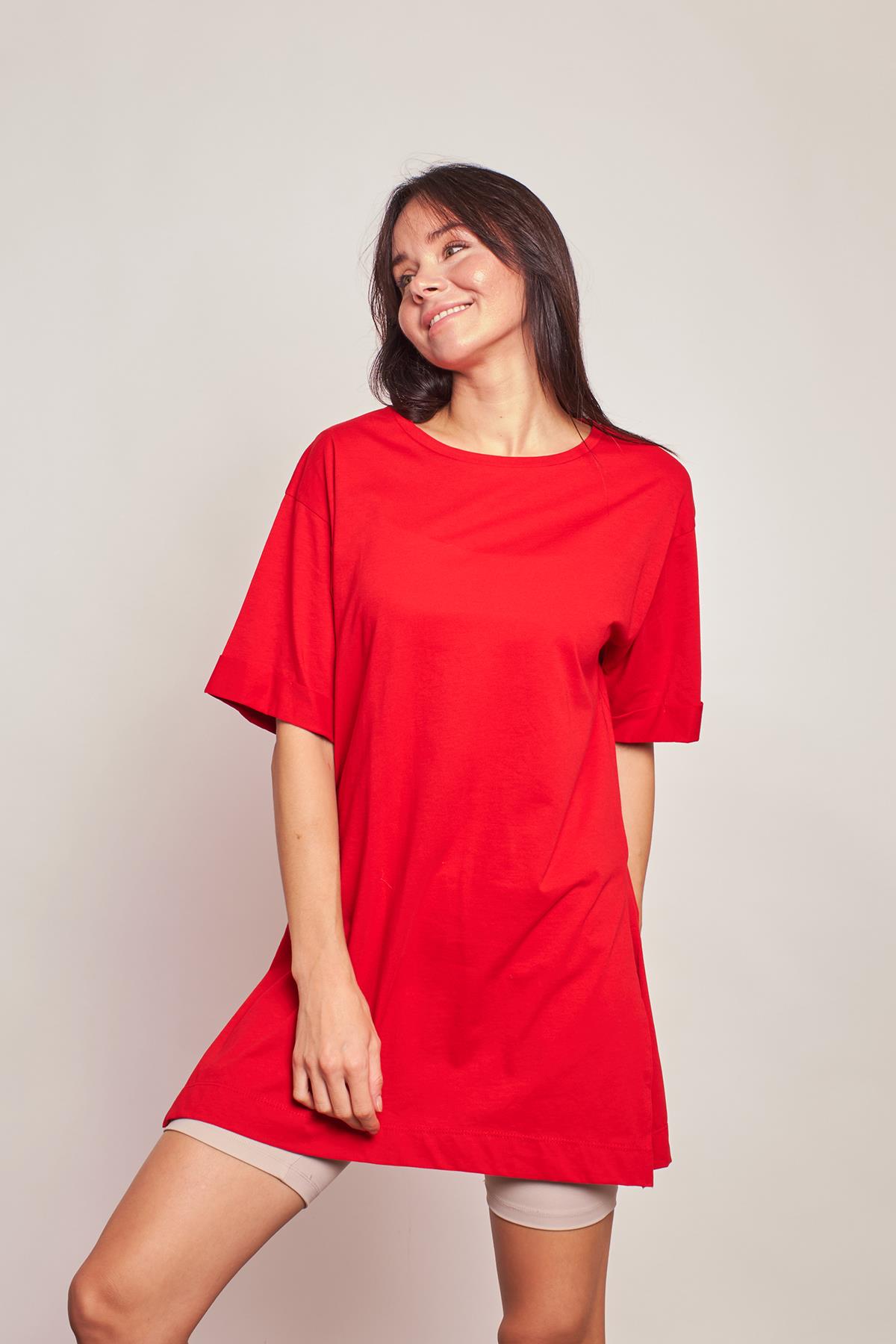 Likrasız Pamuk Sıfır Yaka Bol Duble Kol Yan Yırtmaçlı Oversize Tshirt- -Kırmızı