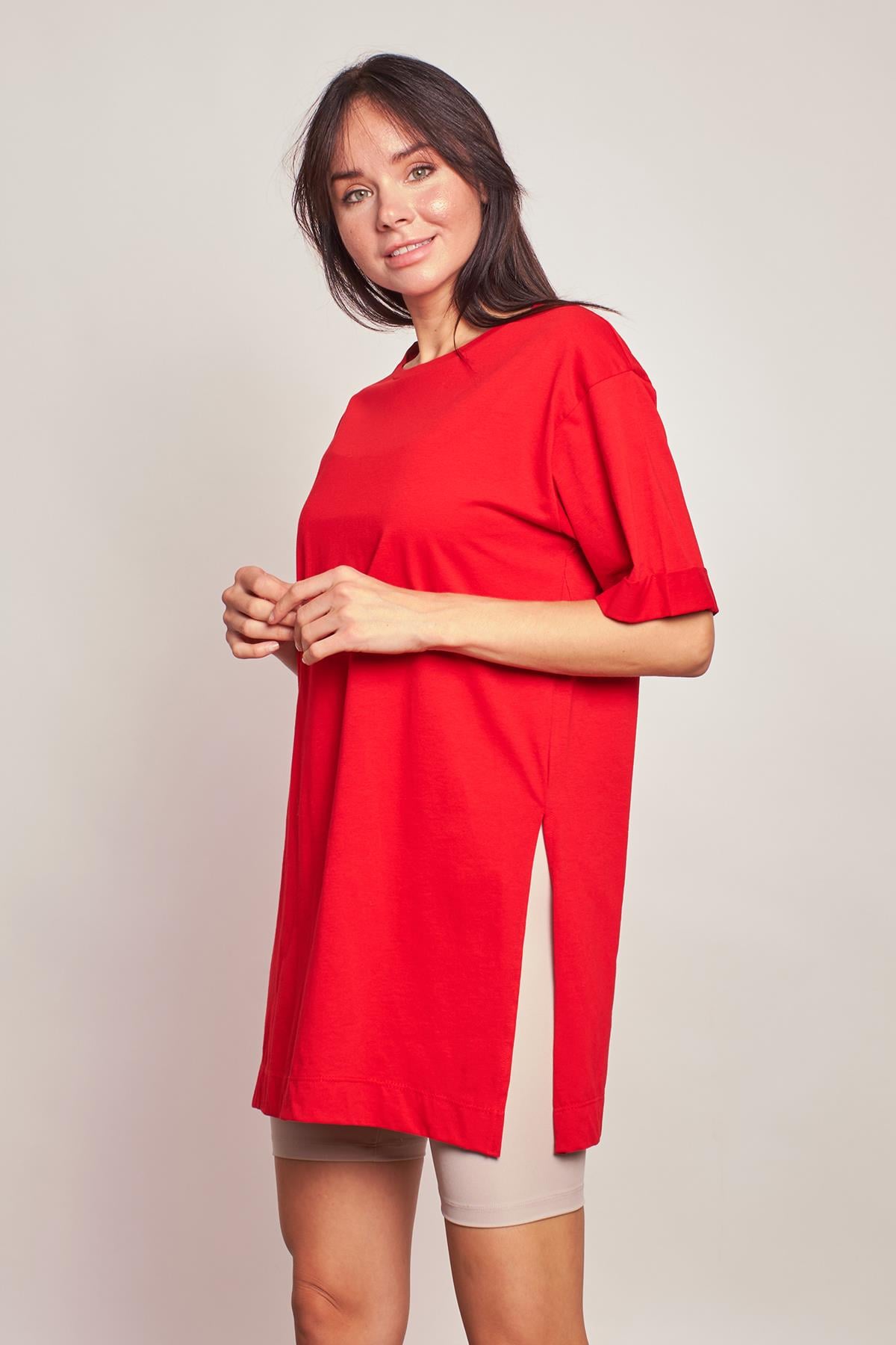 Likrasız Pamuk Sıfır Yaka Bol Duble Kol Yan Yırtmaçlı Oversize Tshirt- -Kırmızı