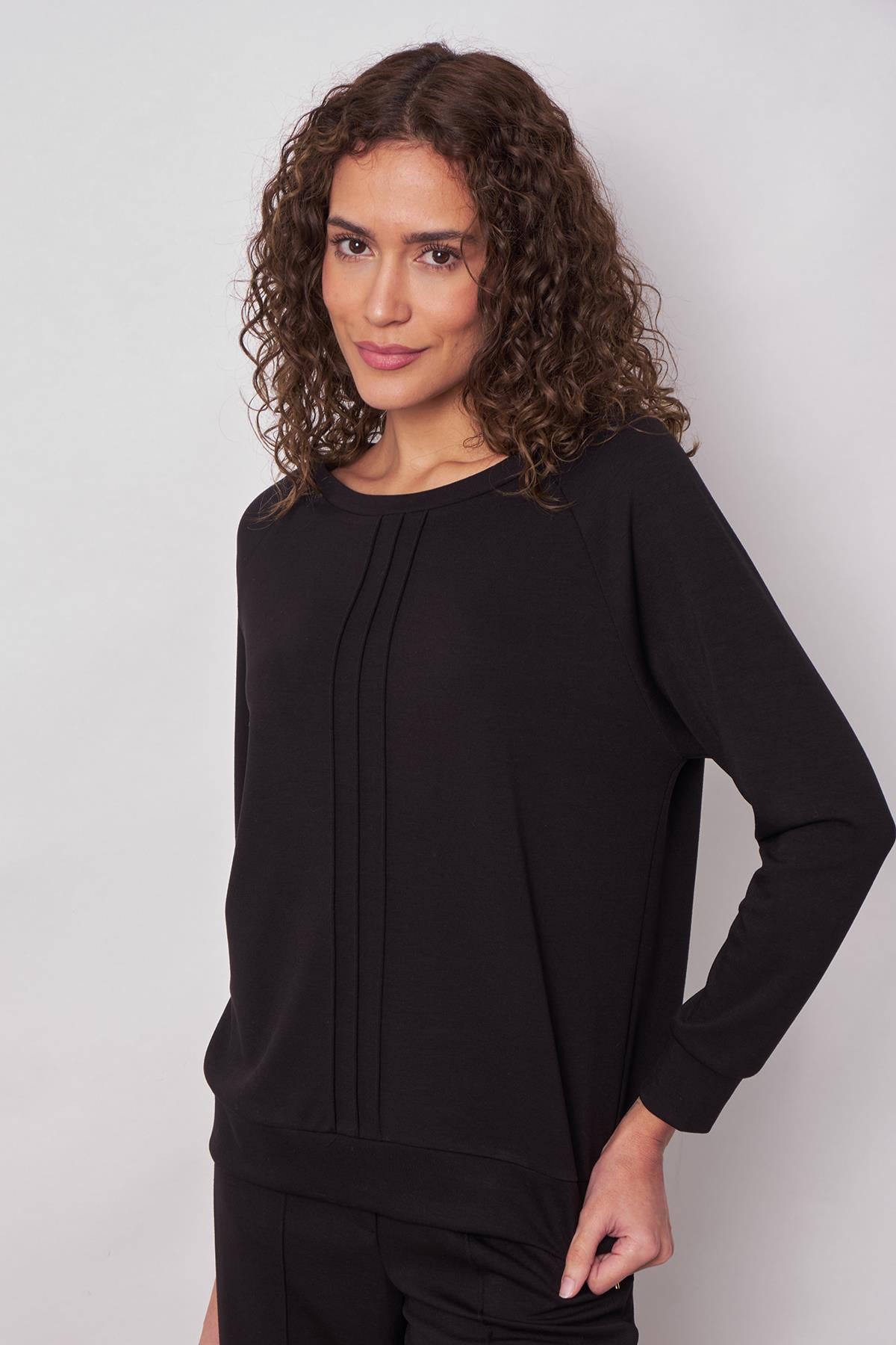 Baharlık Modal Kumaş Kayık Yaka Önü Nervürlü Reglan Kollu Bluz(Pantolon için 49045)-Siyah 