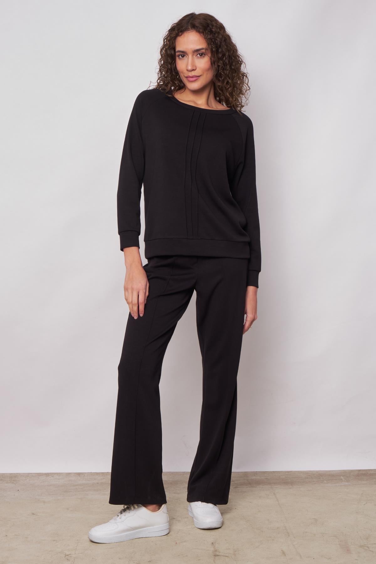 Baharlık Modal Kumaş Kayık Yaka Önü Nervürlü Reglan Kollu Bluz(Pantolon için 49045)-Siyah 