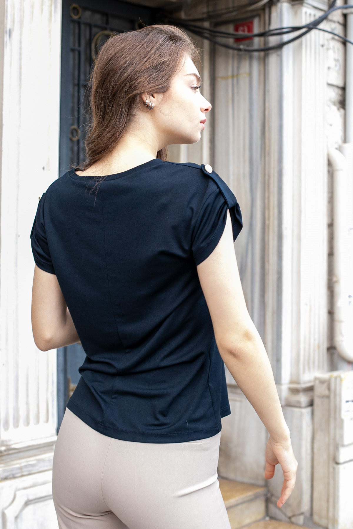 Kadın Modal Penye Geniş Sıfır Yaka Düşük Omuzlu Apoletli Kısa Kol T-shirt Bluz-Koyu Lacivert 