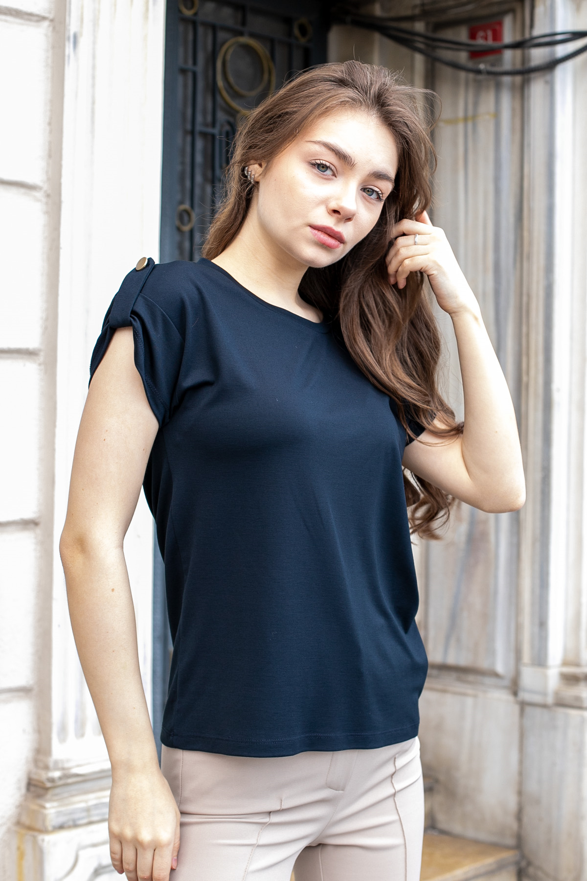 Kadın Modal Penye Geniş Sıfır Yaka Düşük Omuzlu Apoletli Kısa Kol T-shirt Bluz-Koyu Lacivert 