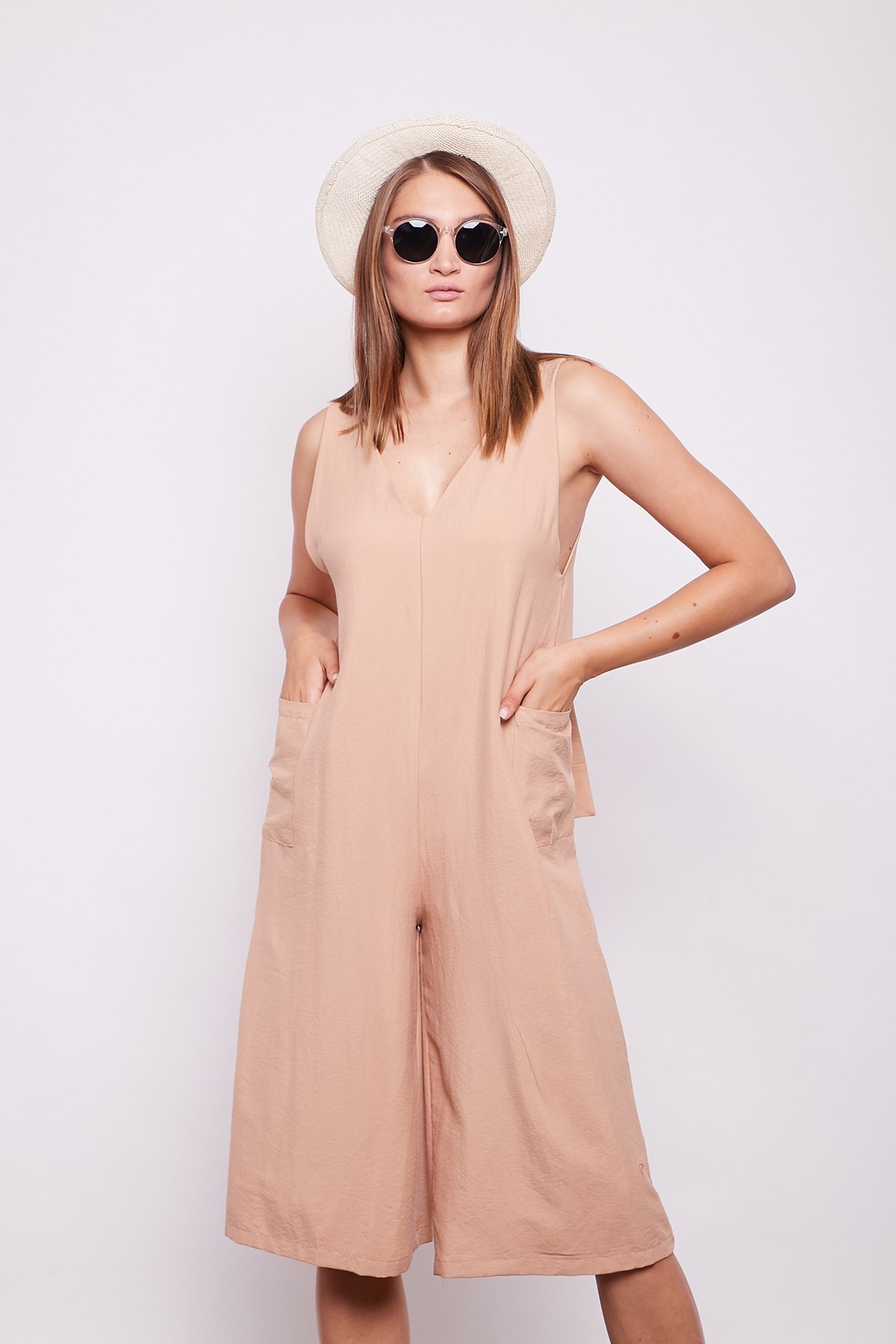 Omuzdan Bağcıklı Cepli Bol Paça Tulum -Açık Camel