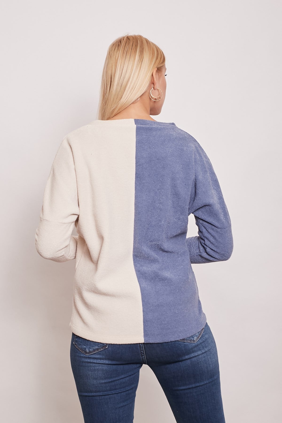 Polar Havlu V Yaka Çift Renkli Uzun Kol Sweat-İndigo Krem 