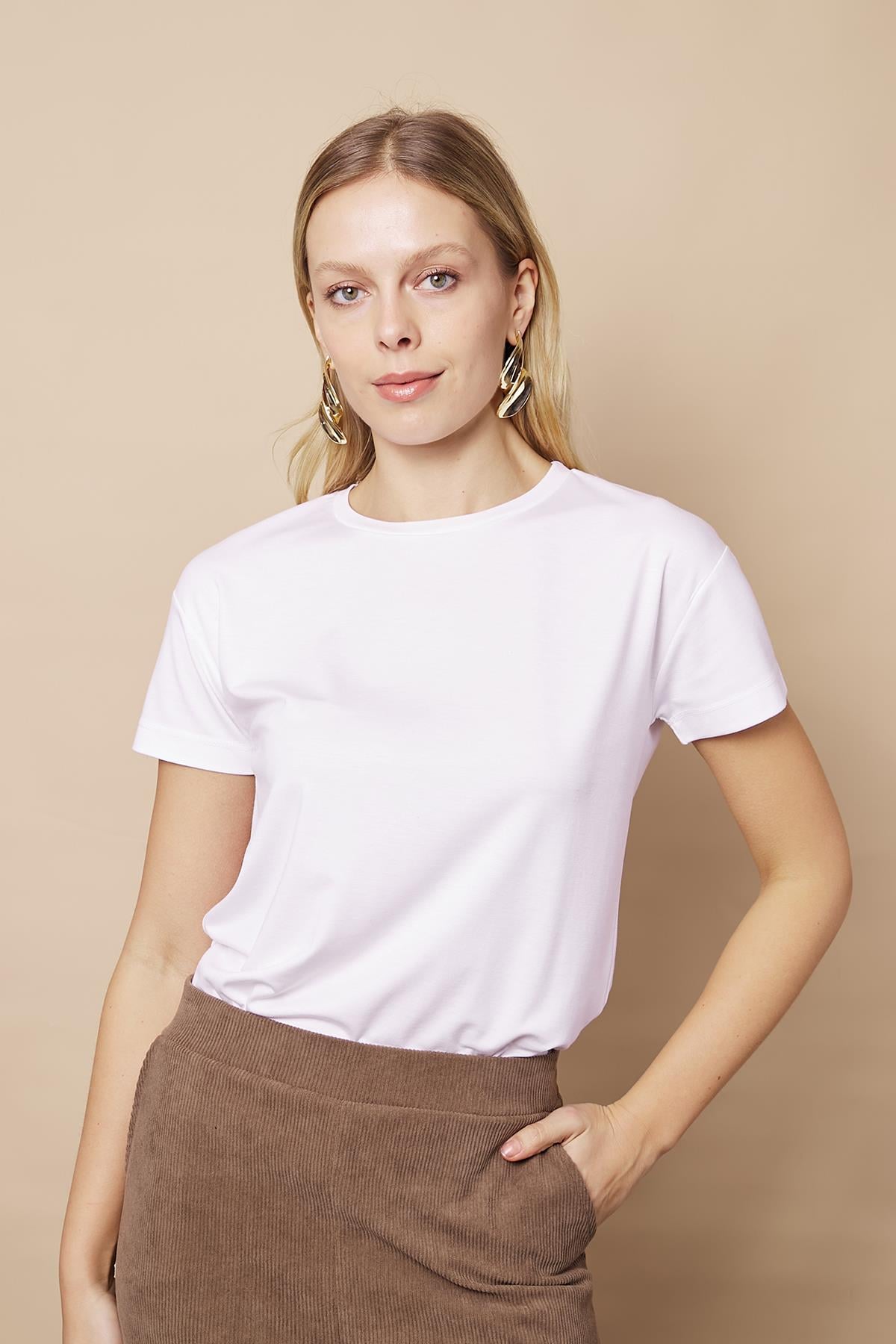 Kadın Sıfır Yaka Kırışmaz Span Karışımlı Şık Kısa Kol Likralı T-shirt Bluz-Beyaz