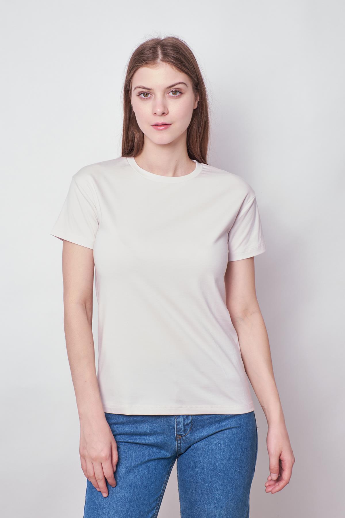 Kadın Sıfır Yaka Kırışmaz Span Karışımlı Şık Kısa Kol Likralı T-shirt Bluz-Şampanya 