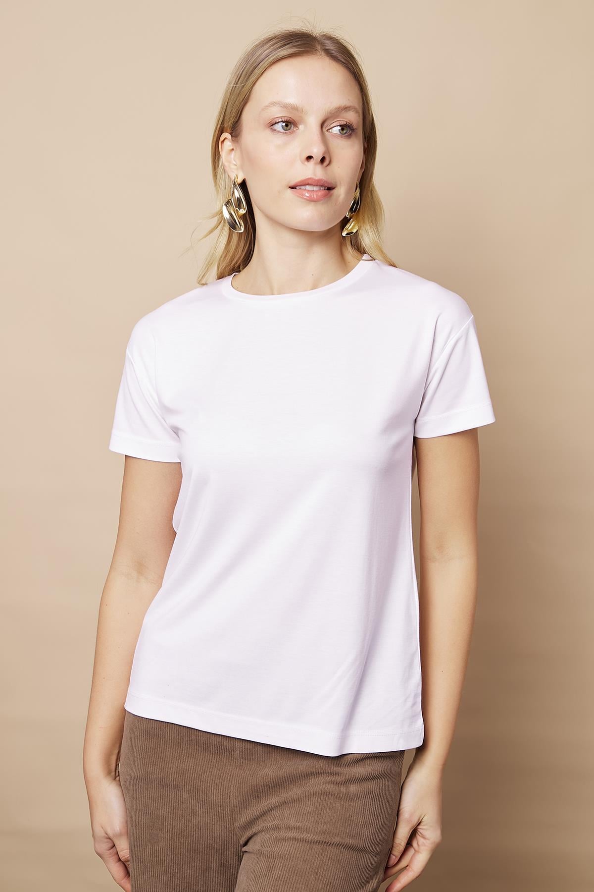 Kadın Sıfır Yaka Kırışmaz Span Karışımlı Şık Kısa Kol Likralı T-shirt Bluz-Beyaz