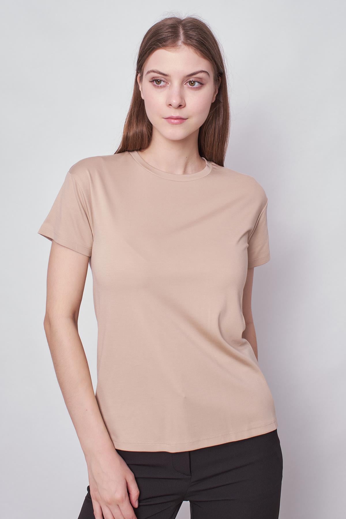 Kadın Sıfır Yaka Kırışmaz Span Karışımlı Şık Kısa Kol Likralı T-shirt Bluz-Koyu Bej 