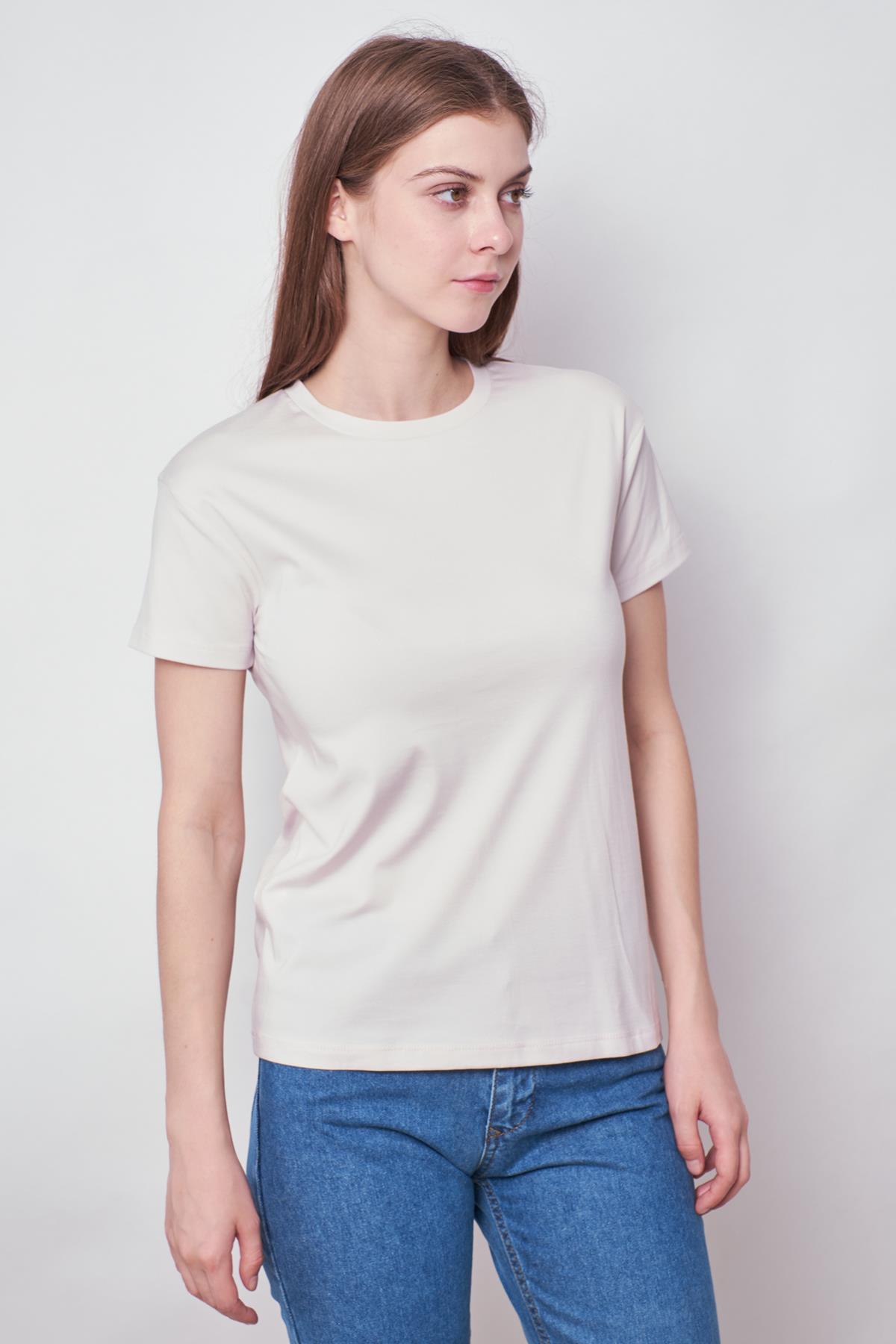 Kadın Sıfır Yaka Kırışmaz Span Karışımlı Şık Kısa Kol Likralı T-shirt Bluz-Şampanya 