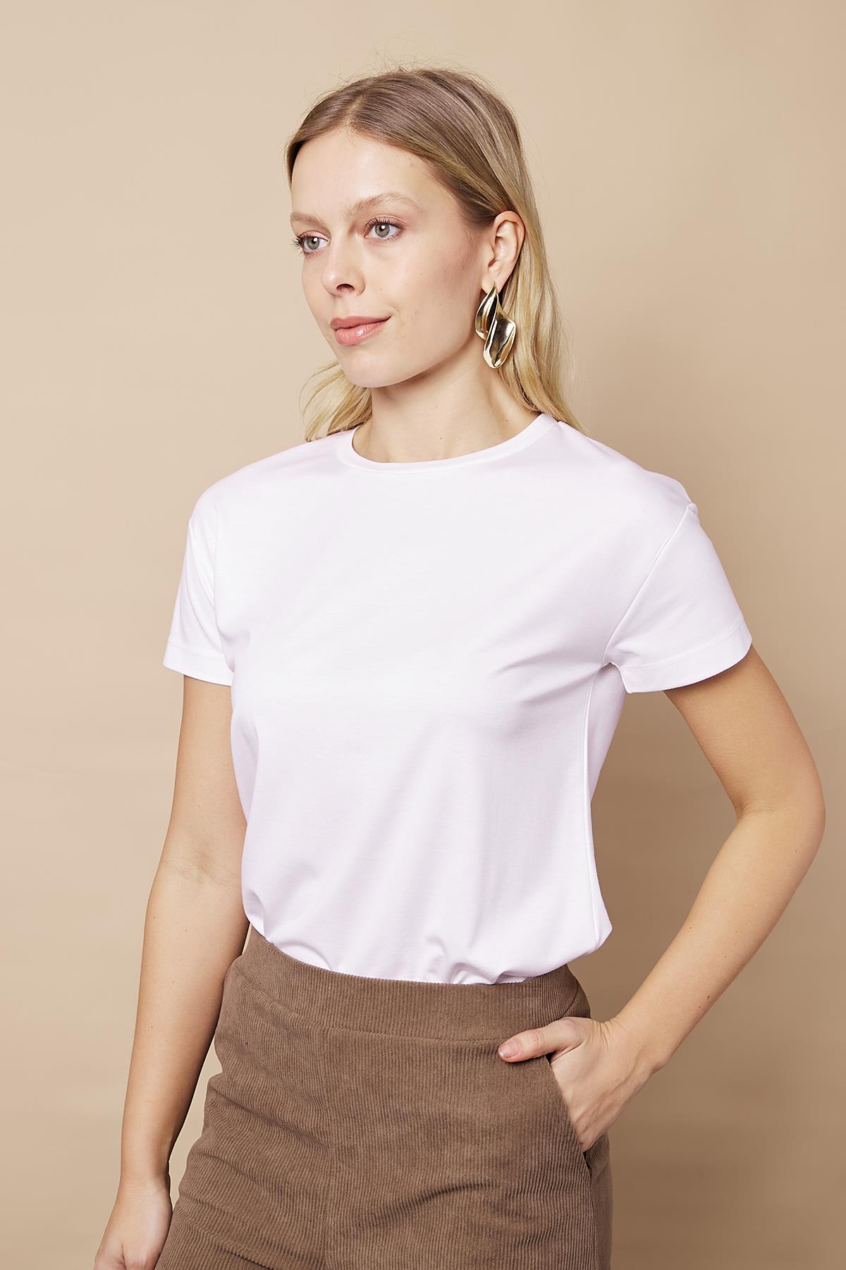 Kadın Sıfır Yaka Kırışmaz Span Karışımlı Şık Kısa Kol Likralı T-shirt Bluz-Beyaz