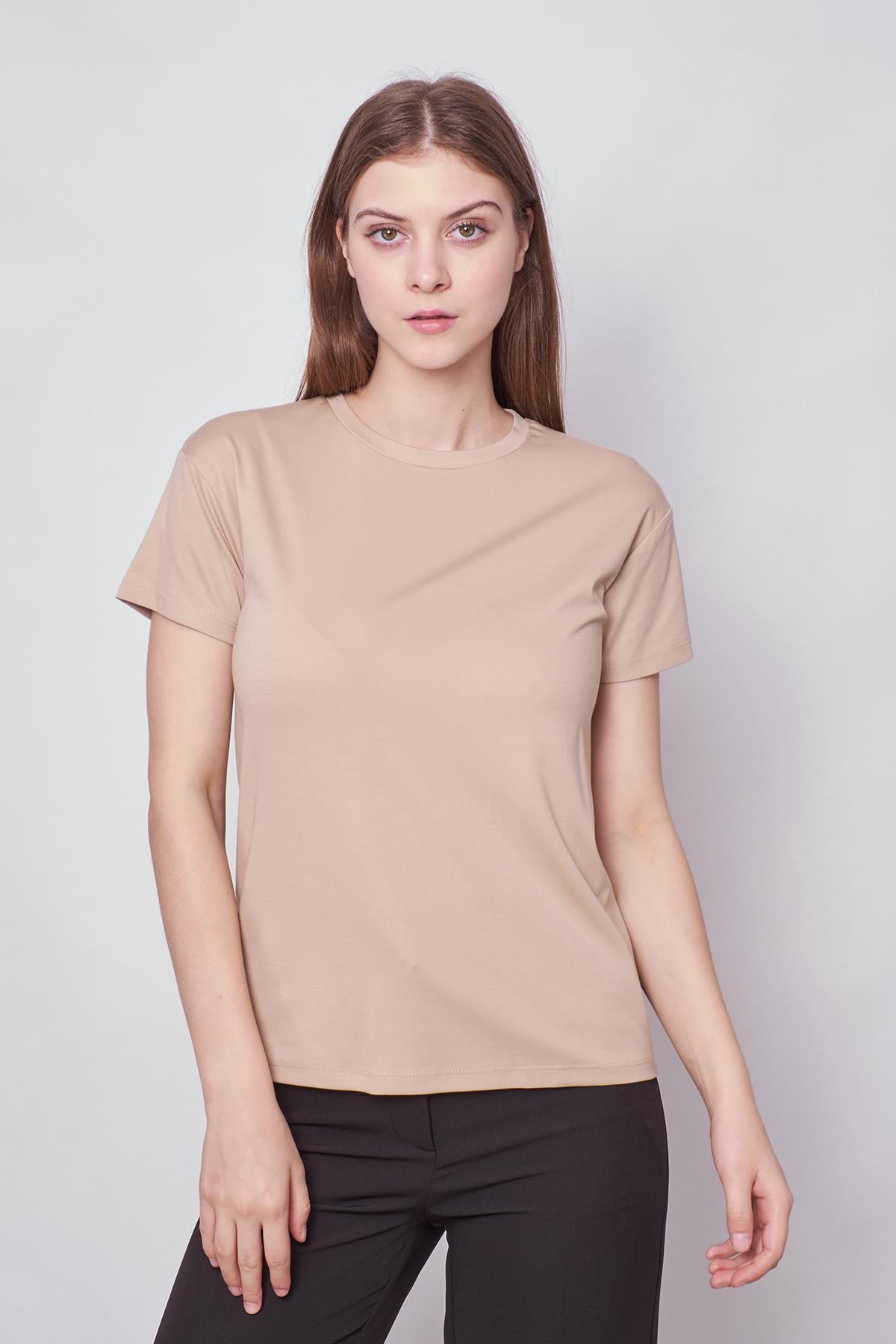 Kadın Sıfır Yaka Kırışmaz Span Karışımlı Şık Kısa Kol Likralı T-shirt Bluz-Koyu Bej 