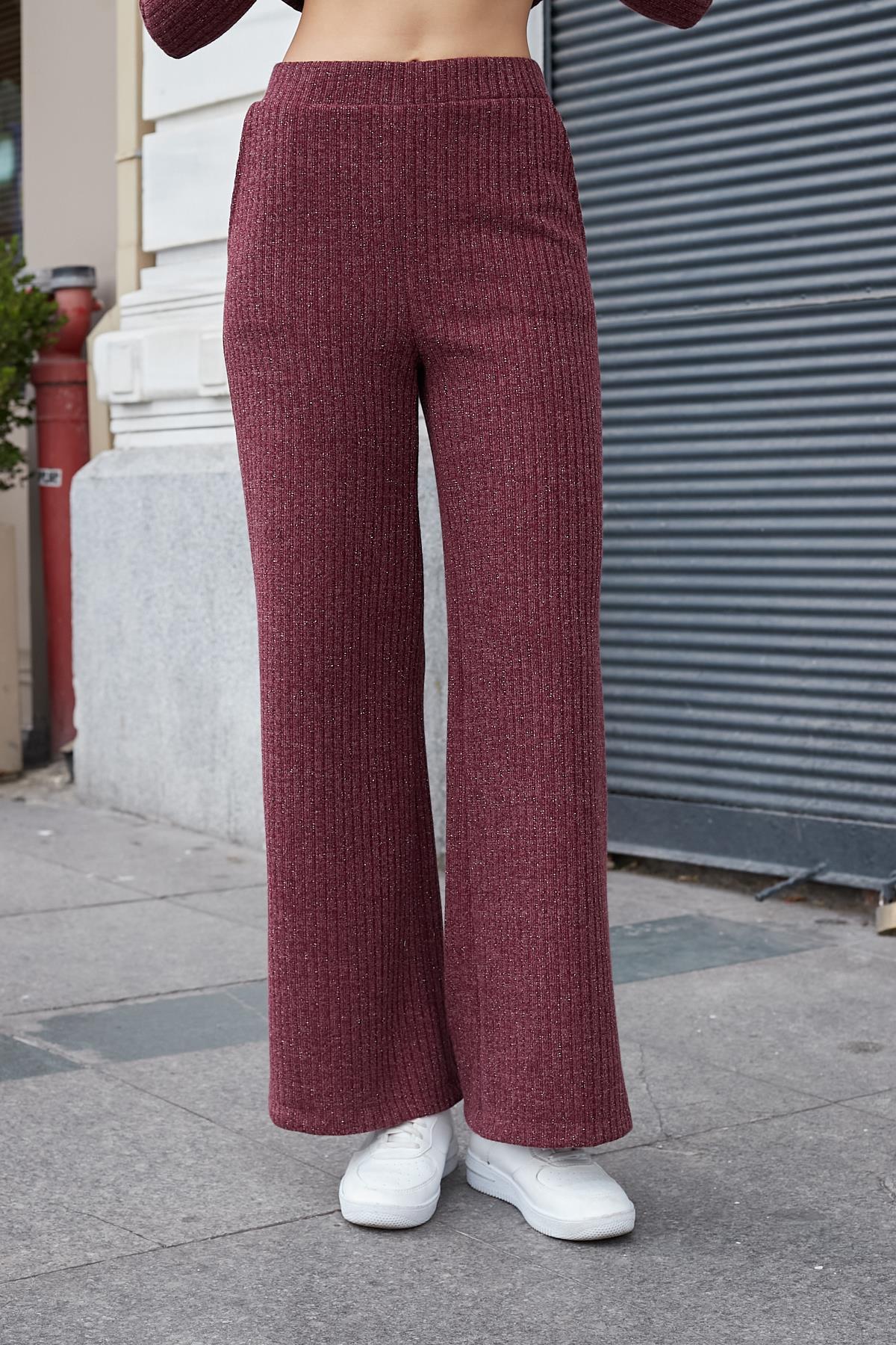 Kadın Simli Kaşkorse Yüksek Bel Yan Cepli Beli Lastikli Bol Paça Pantolon -Bordo 