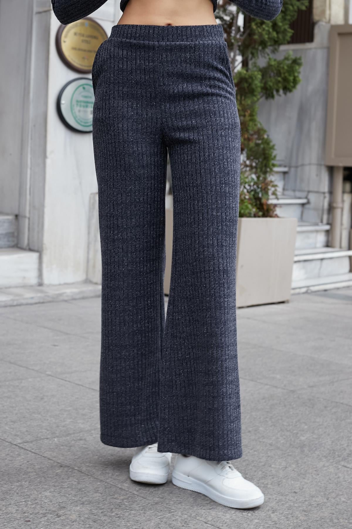 Kadın Simli Kaşkorse Yüksek Bel Yan Cepli Beli Lastikli Bol Paça Pantolon -Lacivert 