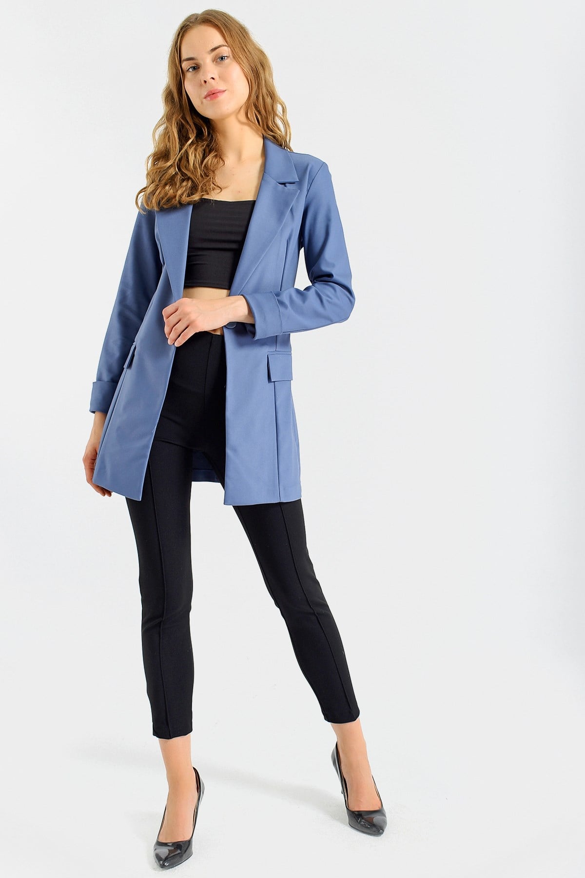 Kadın Kolu Katlanabilir Uzun Kol Boyfriend Şık Ofis Blazer Uzun Ceket-Dirty Blue