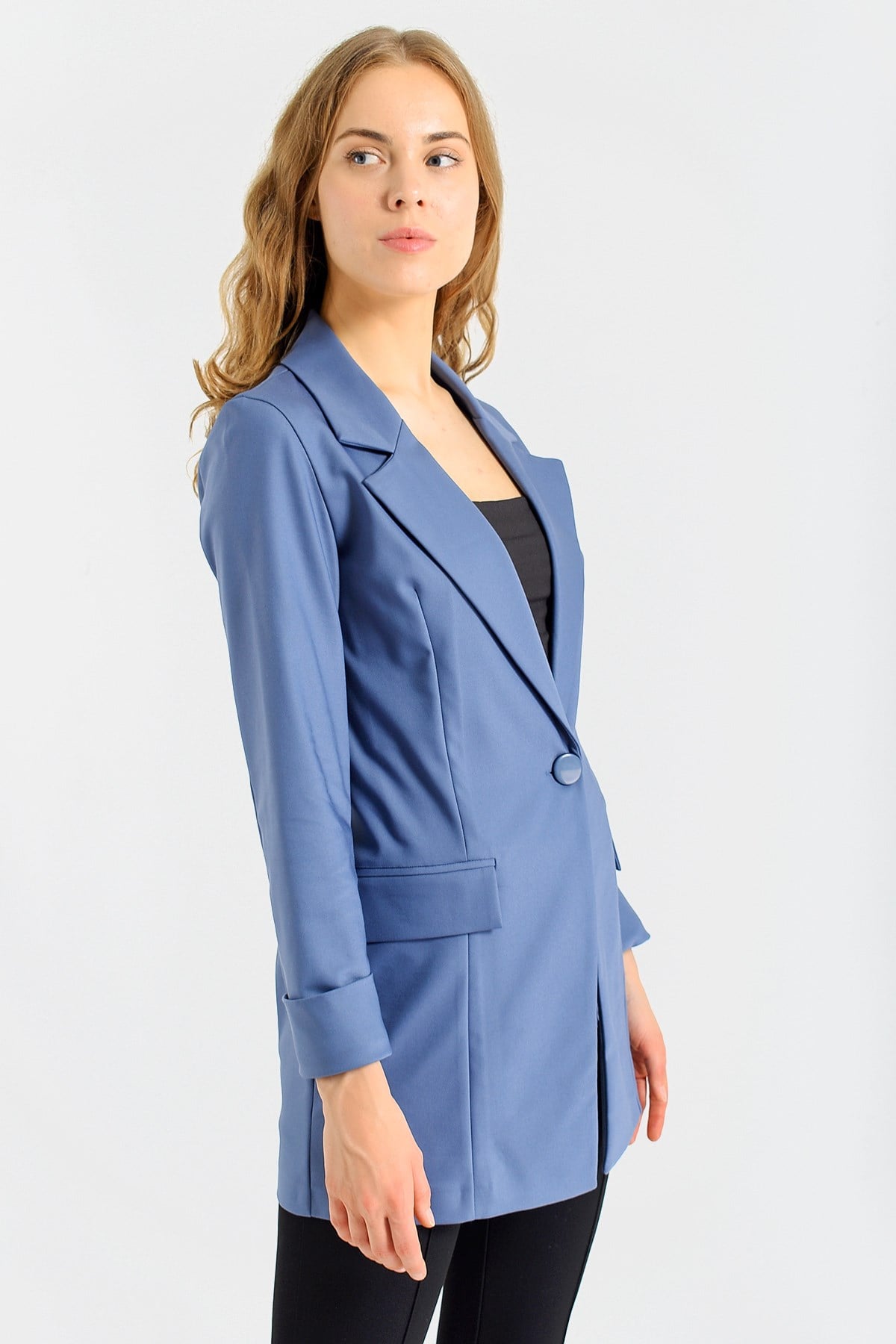 Kadın Kolu Katlanabilir Uzun Kol Boyfriend Şık Ofis Blazer Uzun Ceket-Dirty Blue