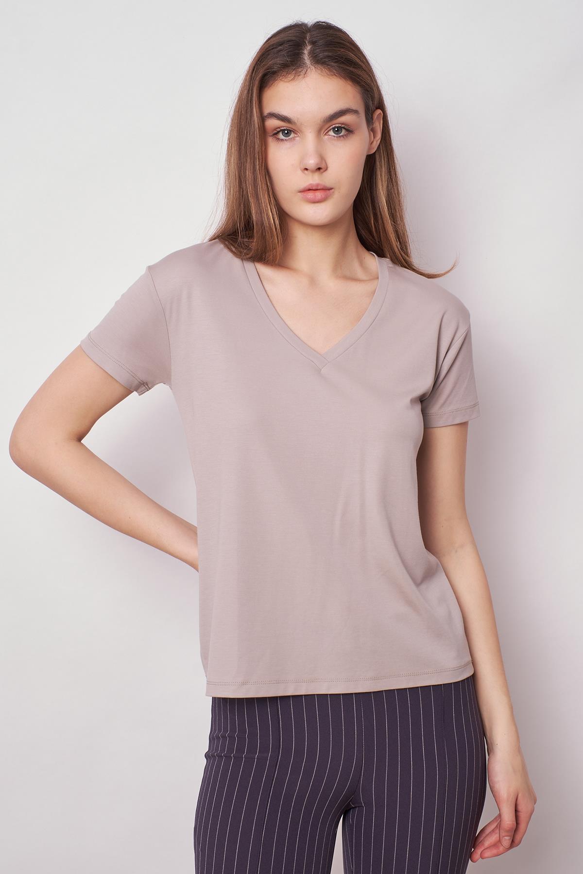 Kadın V Yaka Kısa Kol Likralı Kumaş Şık T-shirt Bluz-Gri