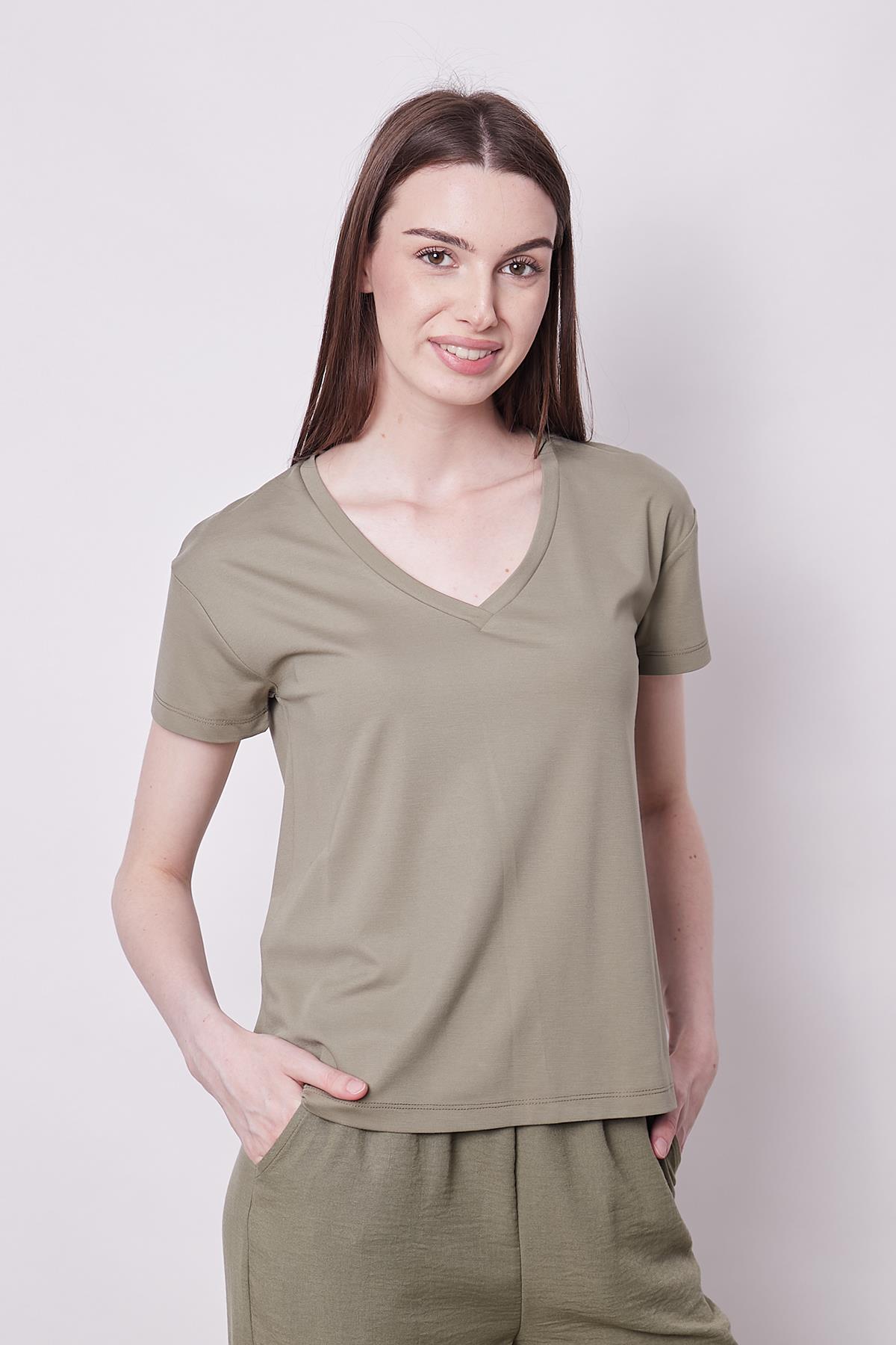 Kadın V Yaka Kısa Kol Likralı Span Kumaş Şık T-shirt Bluz-Haki 
