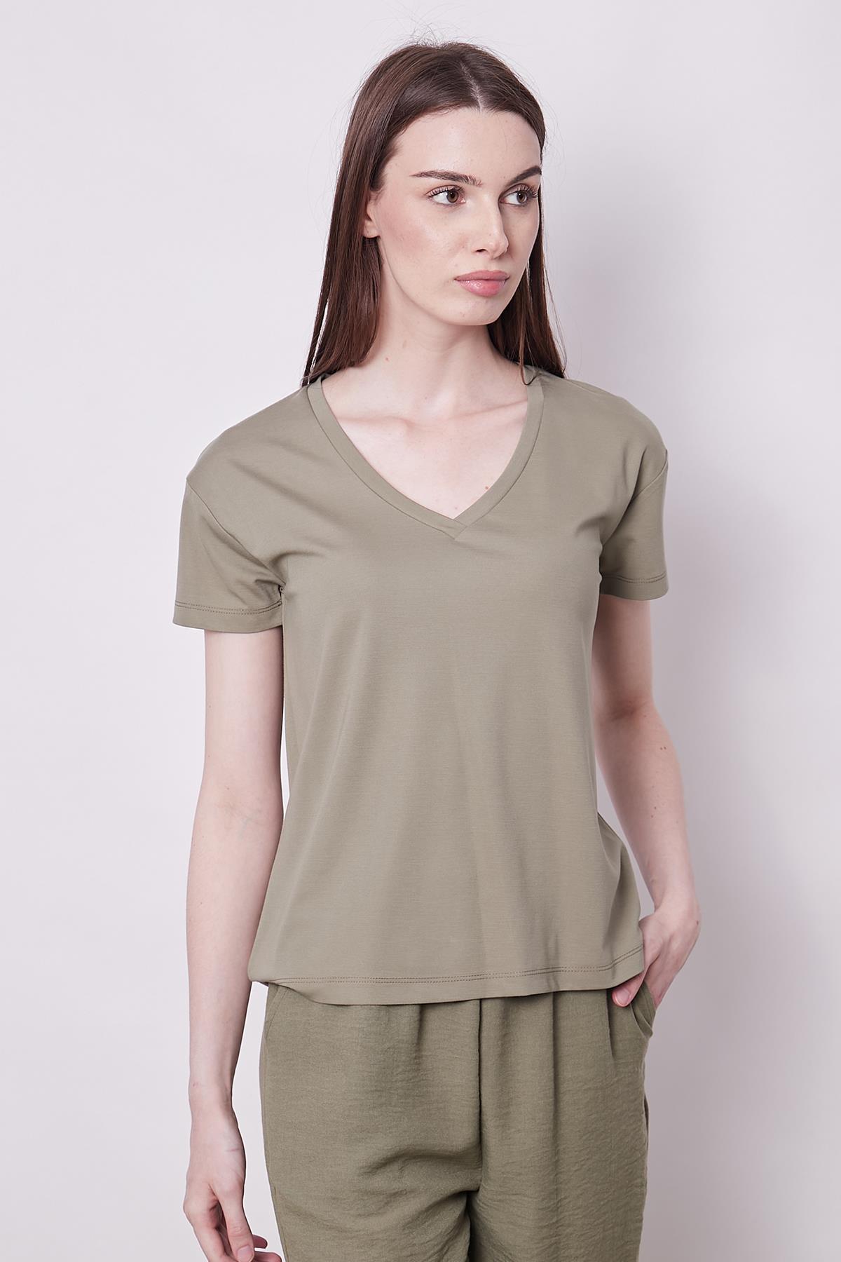 Kadın V Yaka Kısa Kol Likralı Span Kumaş Şık T-shirt Bluz-Haki 