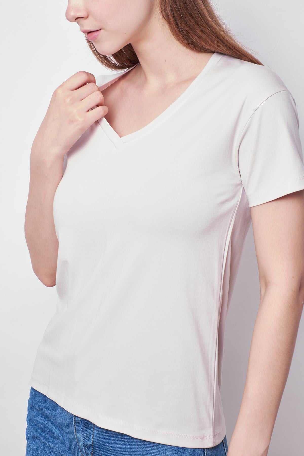 Kadın V Yaka Kısa Kol Likralı Span Kumaş Şık T-shirt Bluz-Şampanya