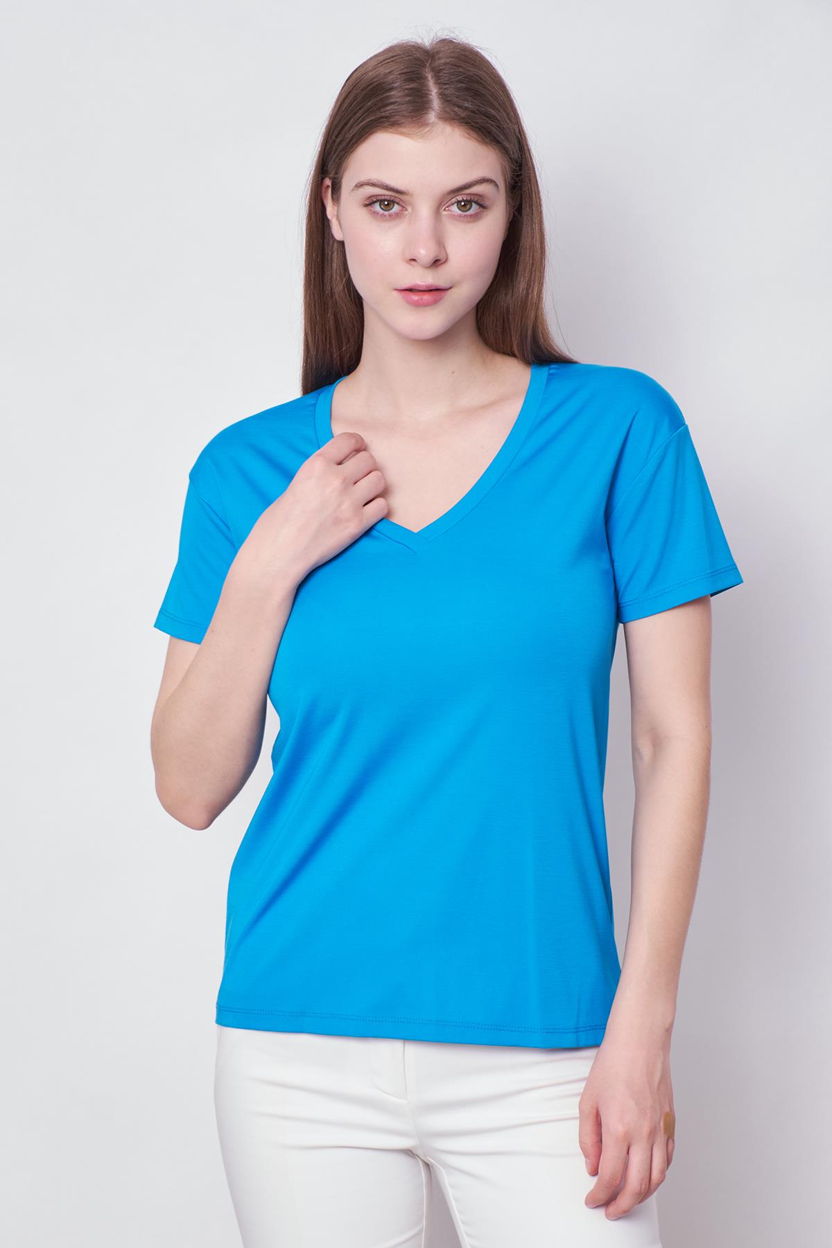 Kadın V Yaka Kısa Kol Likralı Span Kumaş Şık T-shirt Bluz-Mavi 