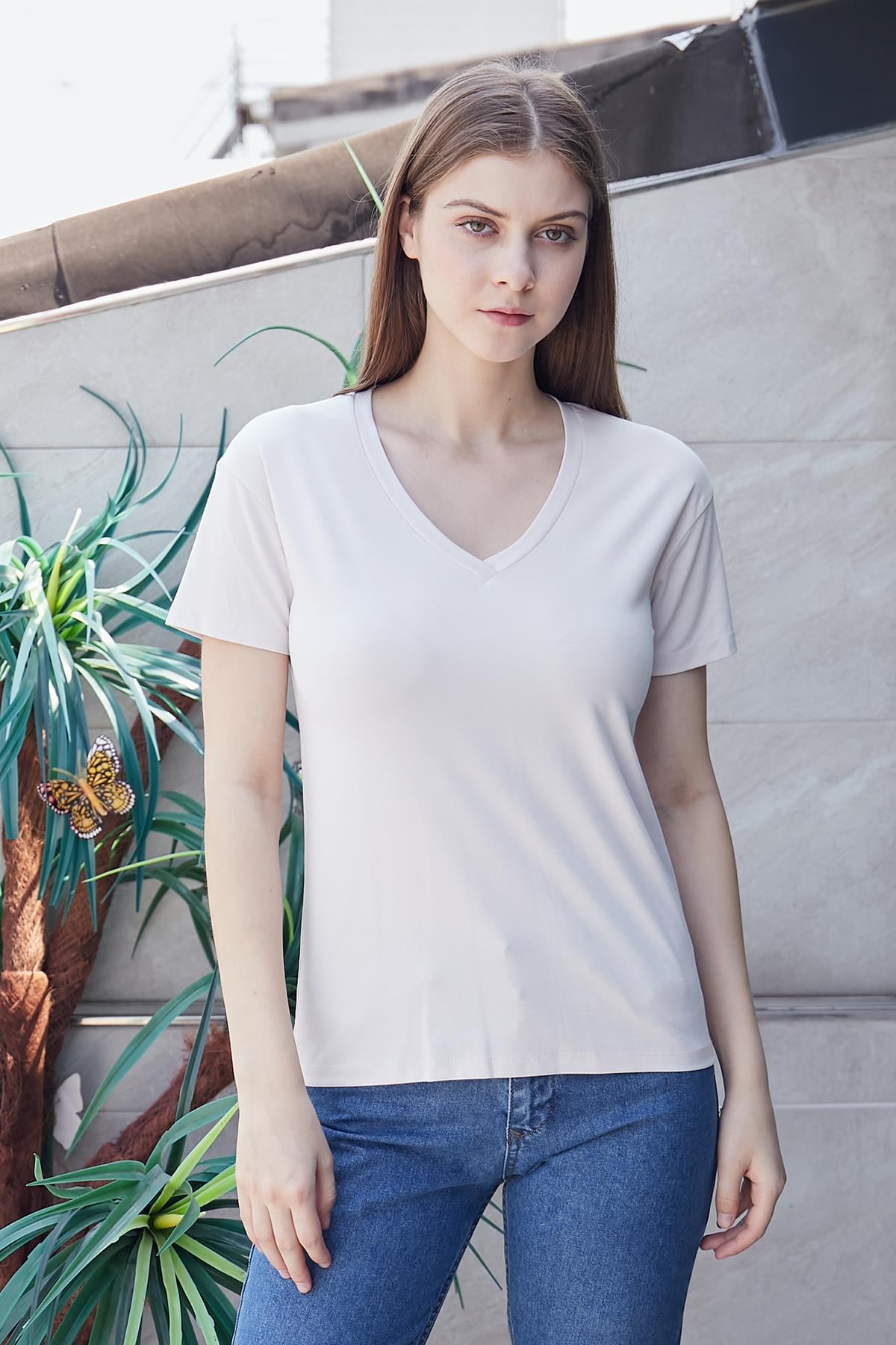 Kadın V Yaka Kısa Kol Likralı Span Kumaş Şık T-shirt Bluz-Şampanya
