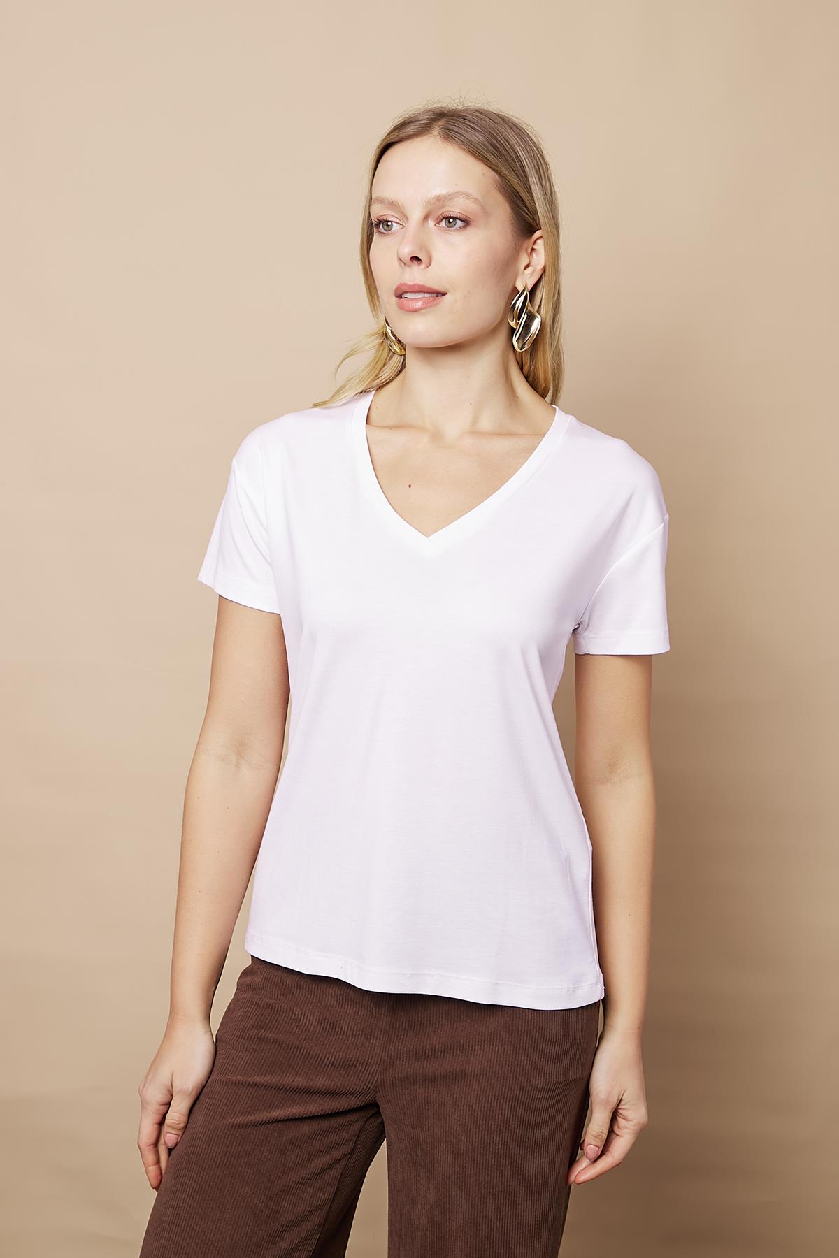 Kadın V Yaka Kısa Kol Likralı Span Kumaş Şık T-shirt Bluz-Beyaz