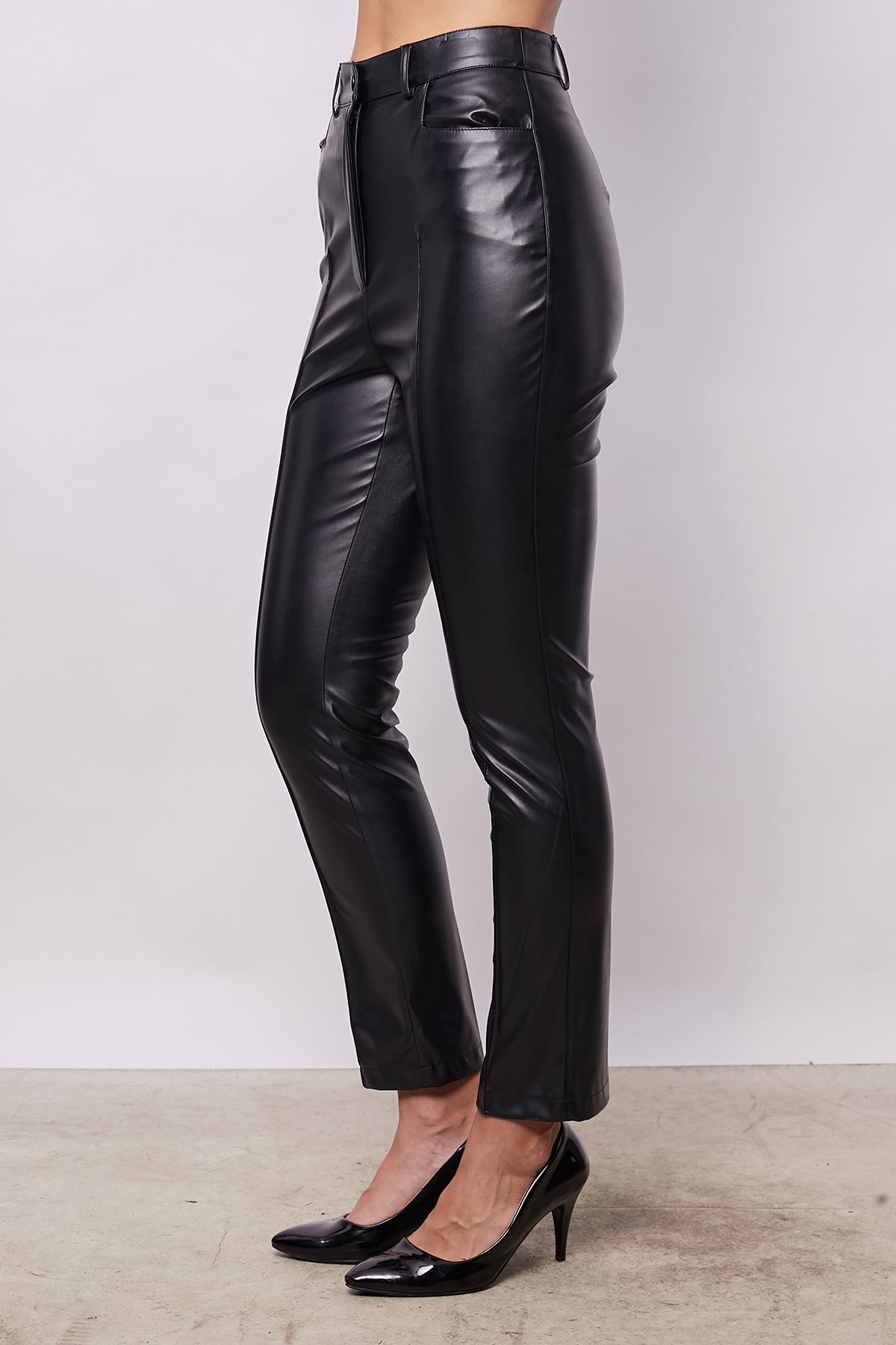 Kadın Violet Hafif Likralı Deri Yüksek Bel Alman Cepli Bilek Boy Pantolon-Siyah