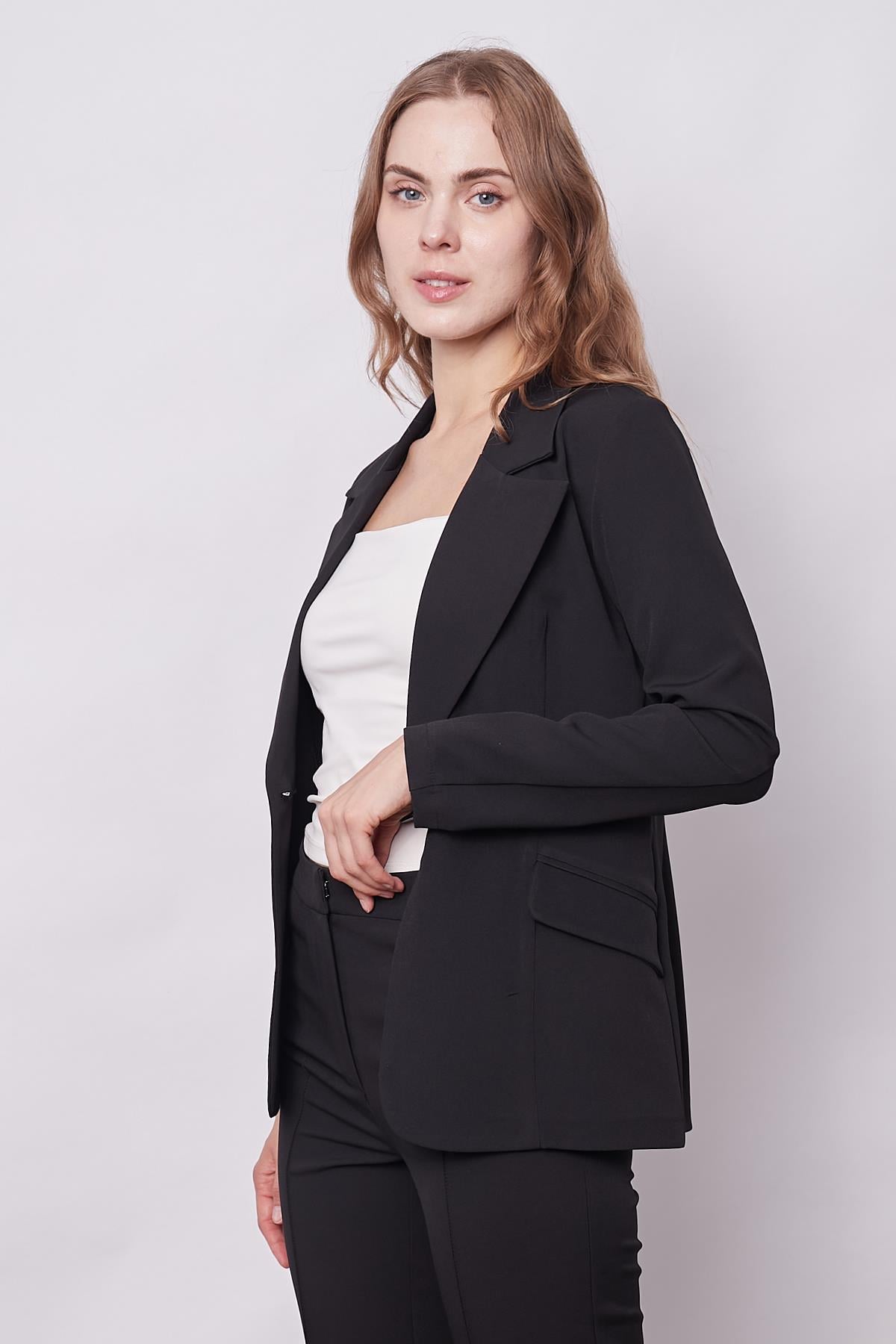 Kadın Yakalı Cep Kapaklı Tek Düğme Hafif Lirkalı Kumaş Blazer Ofis Ceket(Pantolon Kodu Jument 40082)-Siyah