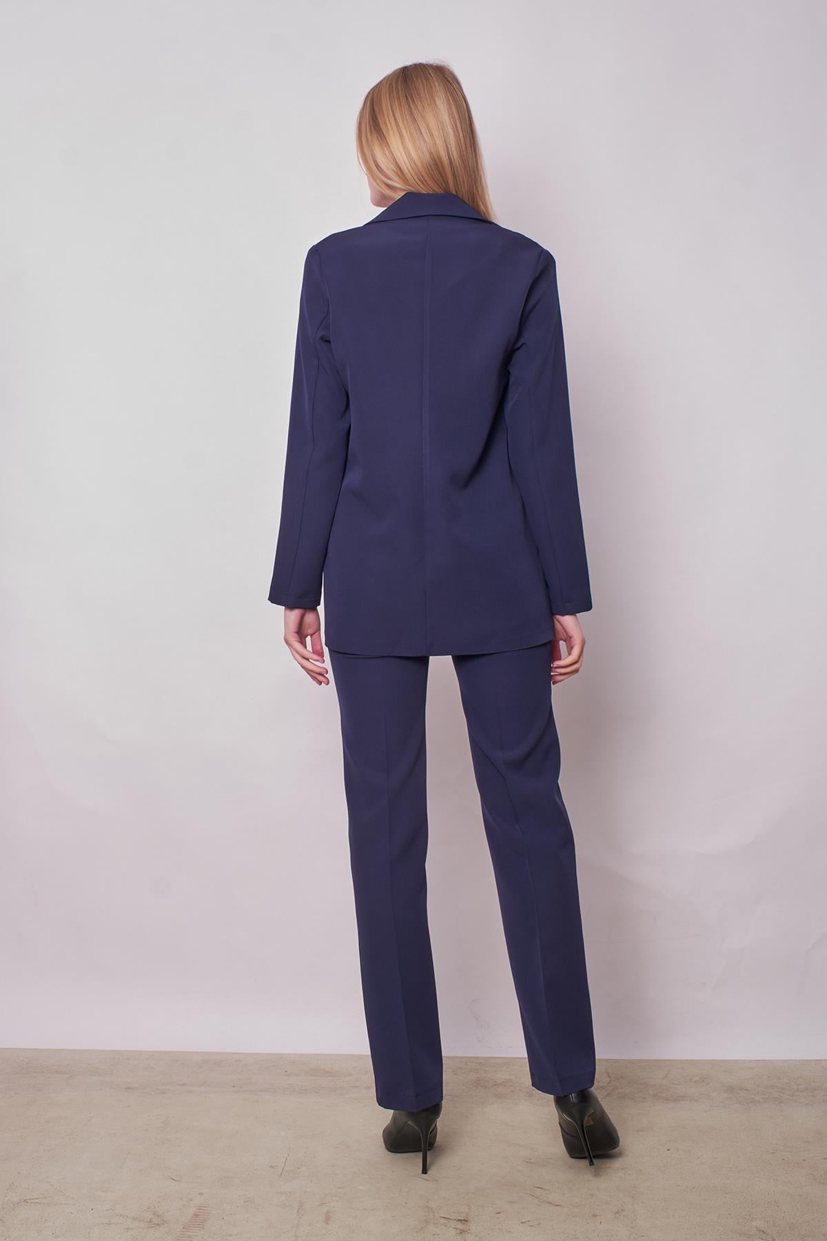 Kadın Yakalı Cep Kapaklı Uzun Kol Hafif Likralı Kumaş Oversize Blazer Ceket(Pantolonu Jument 40075)-Lacivert