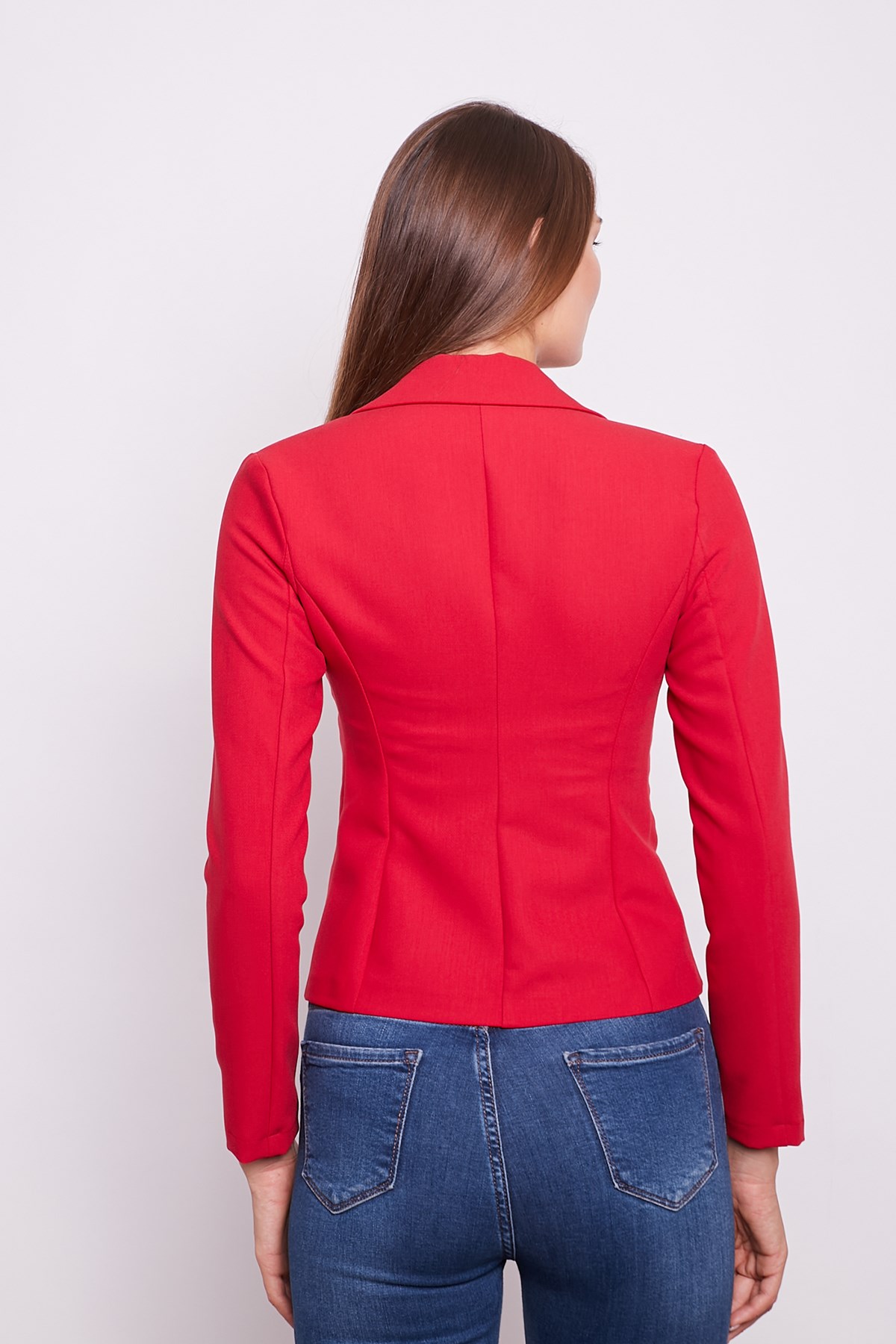 Yakalı Flato Cepli Uzun Kol Pamuklu Kumaş Kısa Blazer Ofis Ceket -Kırmızı