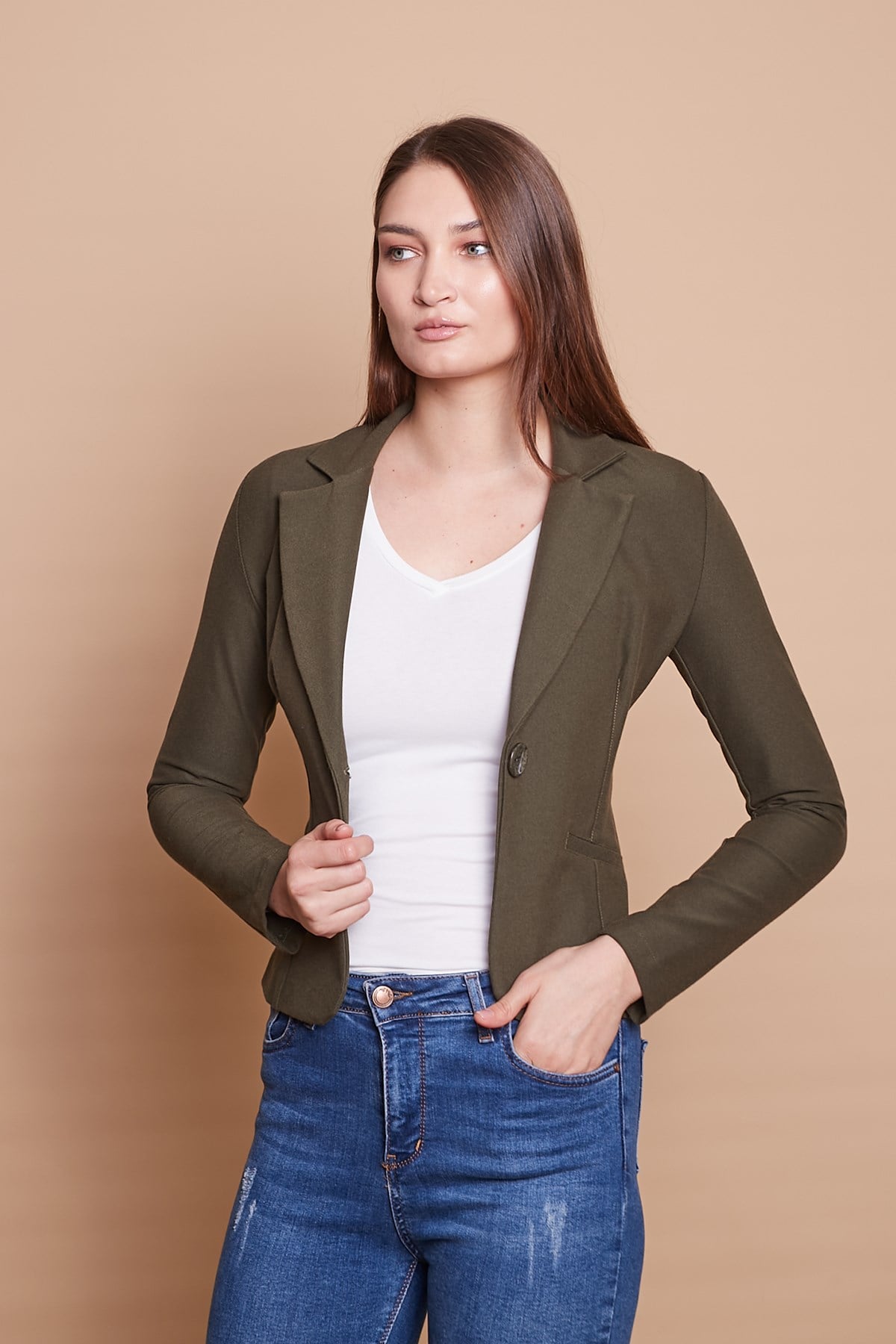 Yakalı Flato Cepli Uzun Kol Pamuklu Kumaş Kısa Blazer Ofis Ceket -Haki 
