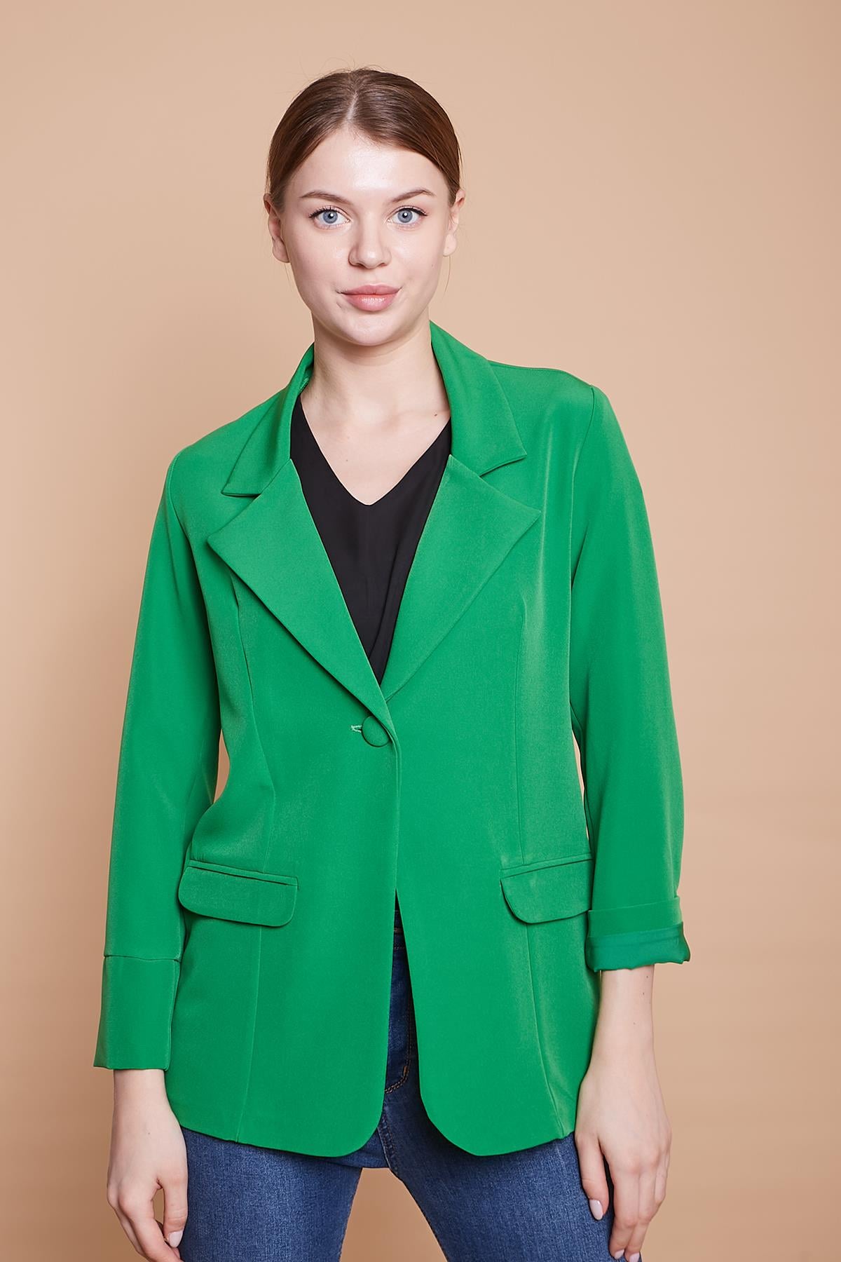 Yakalı Kolu Katlamalı Cep Kapaklı Salaş Boyfriend Oversize Hafif Likralı Kumaş Blazer Ceket -B.Yeşil 