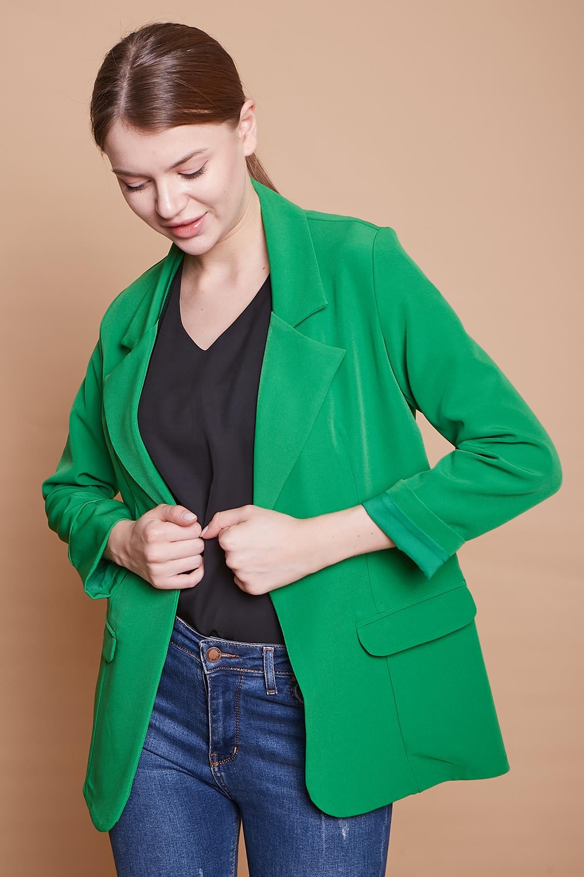 Yakalı Kolu Katlamalı Cep Kapaklı Salaş Boyfriend Oversize Hafif Likralı Kumaş Blazer Ceket -B.Yeşil 
