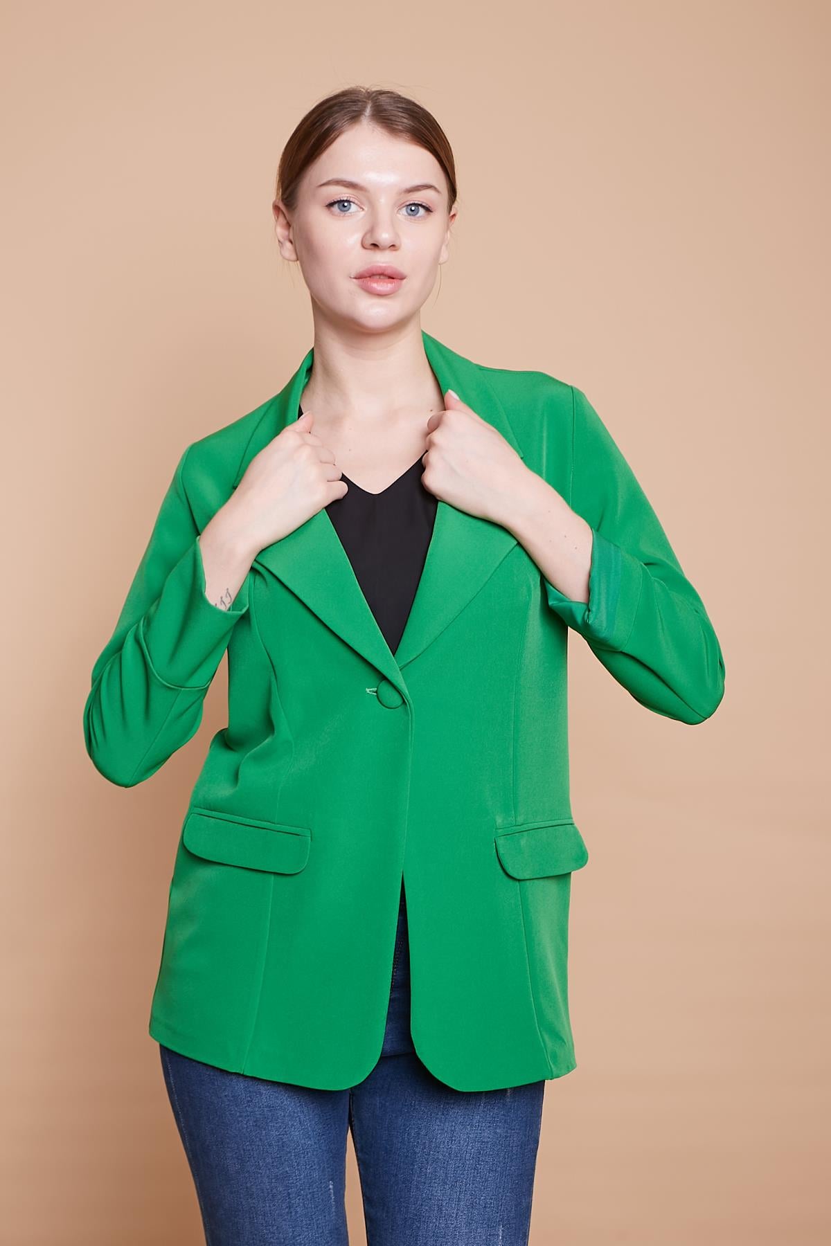 Yakalı Kolu Katlamalı Cep Kapaklı Salaş Boyfriend Oversize Hafif Likralı Kumaş Blazer Ceket -B.Yeşil 
