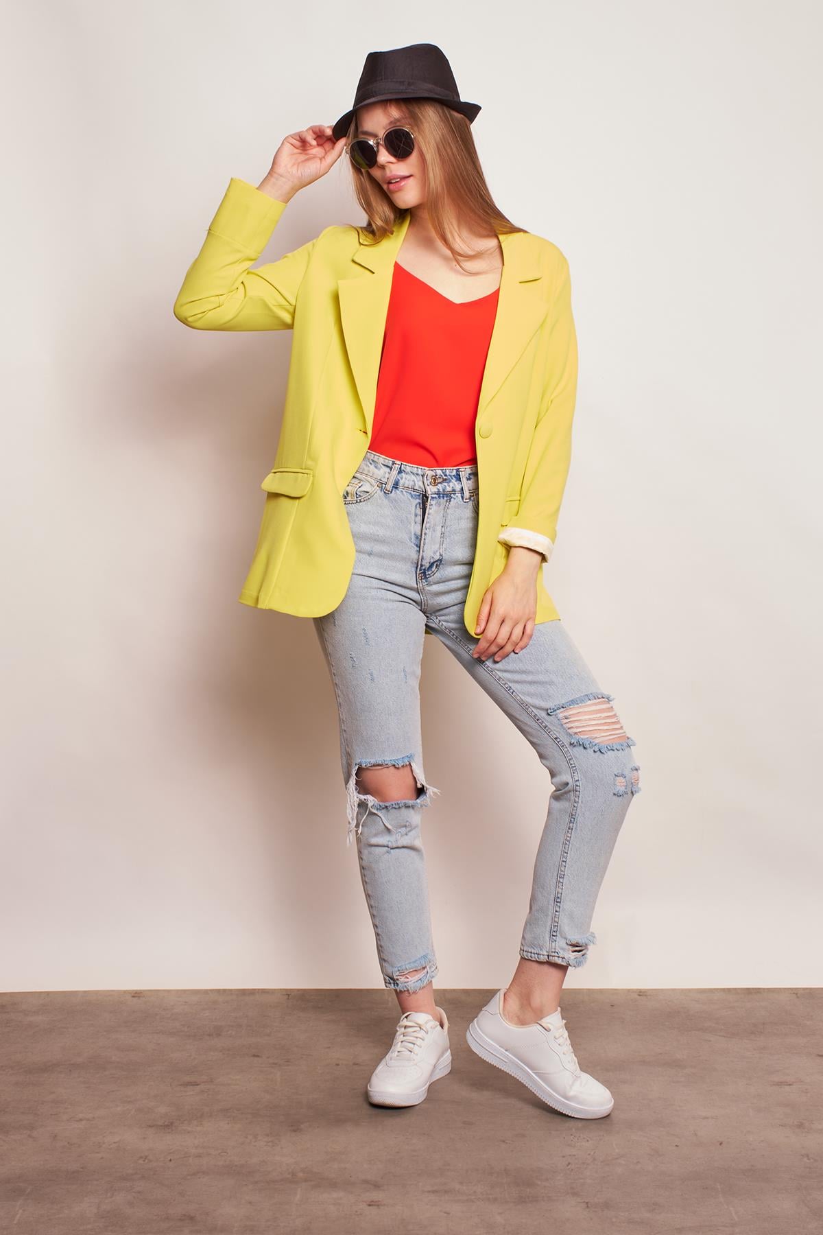 Yakalı Kolu Katlamalı Cep Kapaklı Salaş Boyfriend Oversize Hafif Likralı Kumaş Blazer Ceket-Neon Sarı