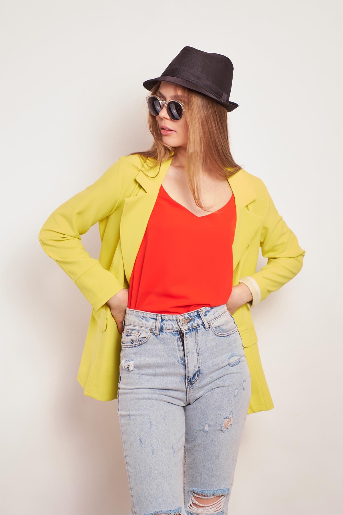Yakalı Kolu Katlamalı Cep Kapaklı Salaş Boyfriend Oversize Hafif Likralı Kumaş Blazer Ceket-Neon Sarı
