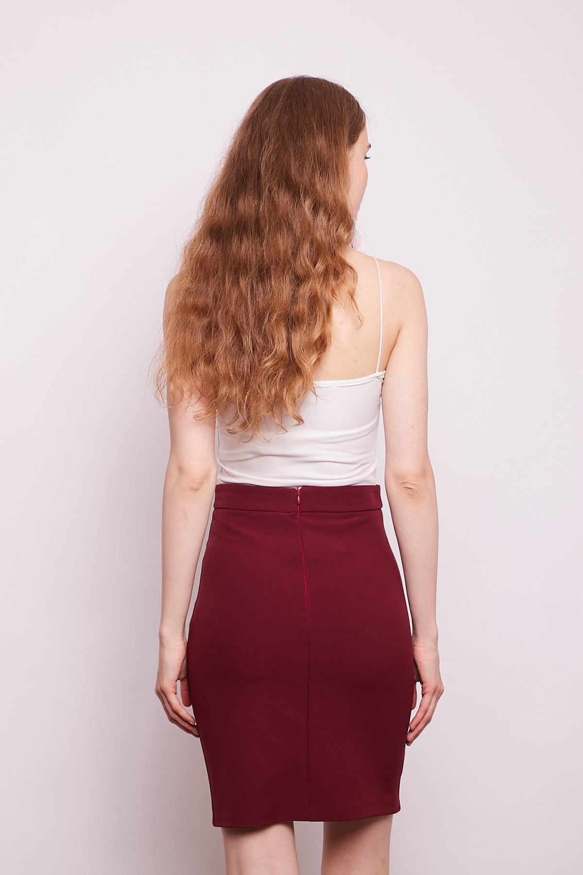 Yüksek Bel Diz Üstü Likralı Pamuklu Şık Kumaş Kalem Etek-Bordo