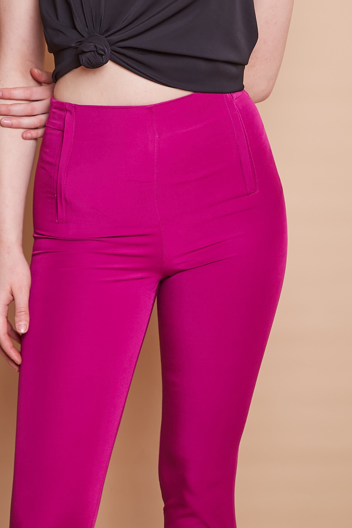 Yüksek Bel Önü Arkası Flatolu Dar Paça Likralı Kumaş Ofis Pantolon-Magenta
