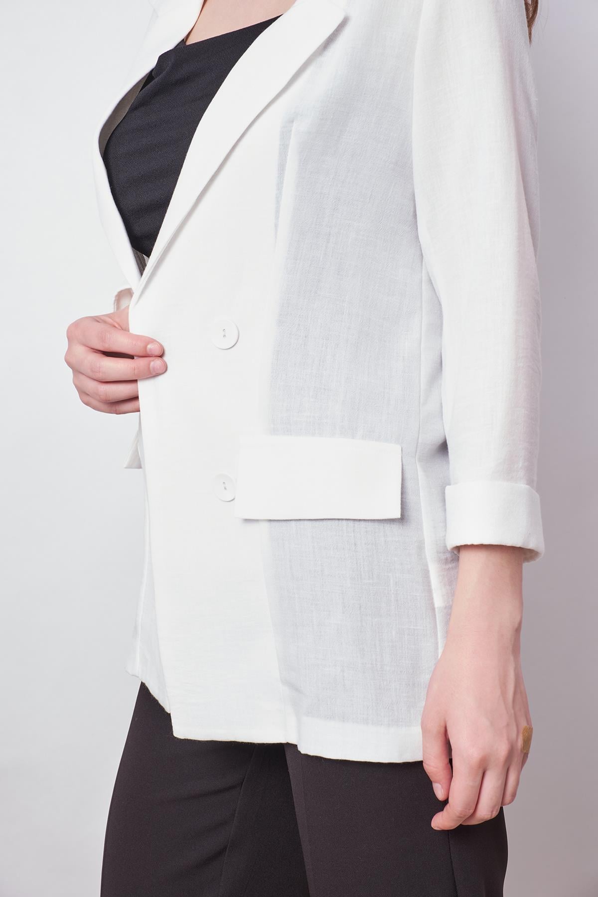 Yazlık Likrasız Keten Kumaş Yakalı Cep Kapaklı Oversize Blazer Ceket-Beyaz