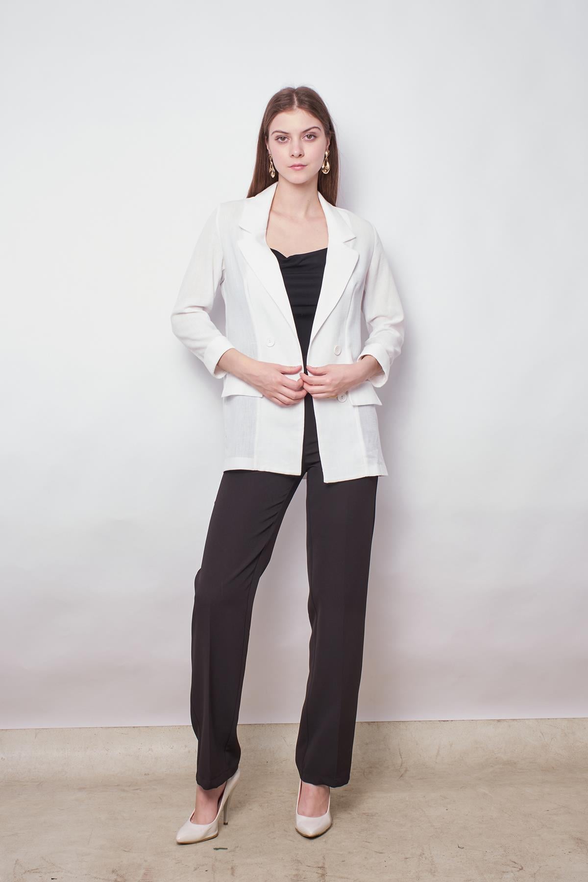 Yazlık Likrasız Keten Kumaş Yakalı Cep Kapaklı Oversize Blazer Ceket-Beyaz