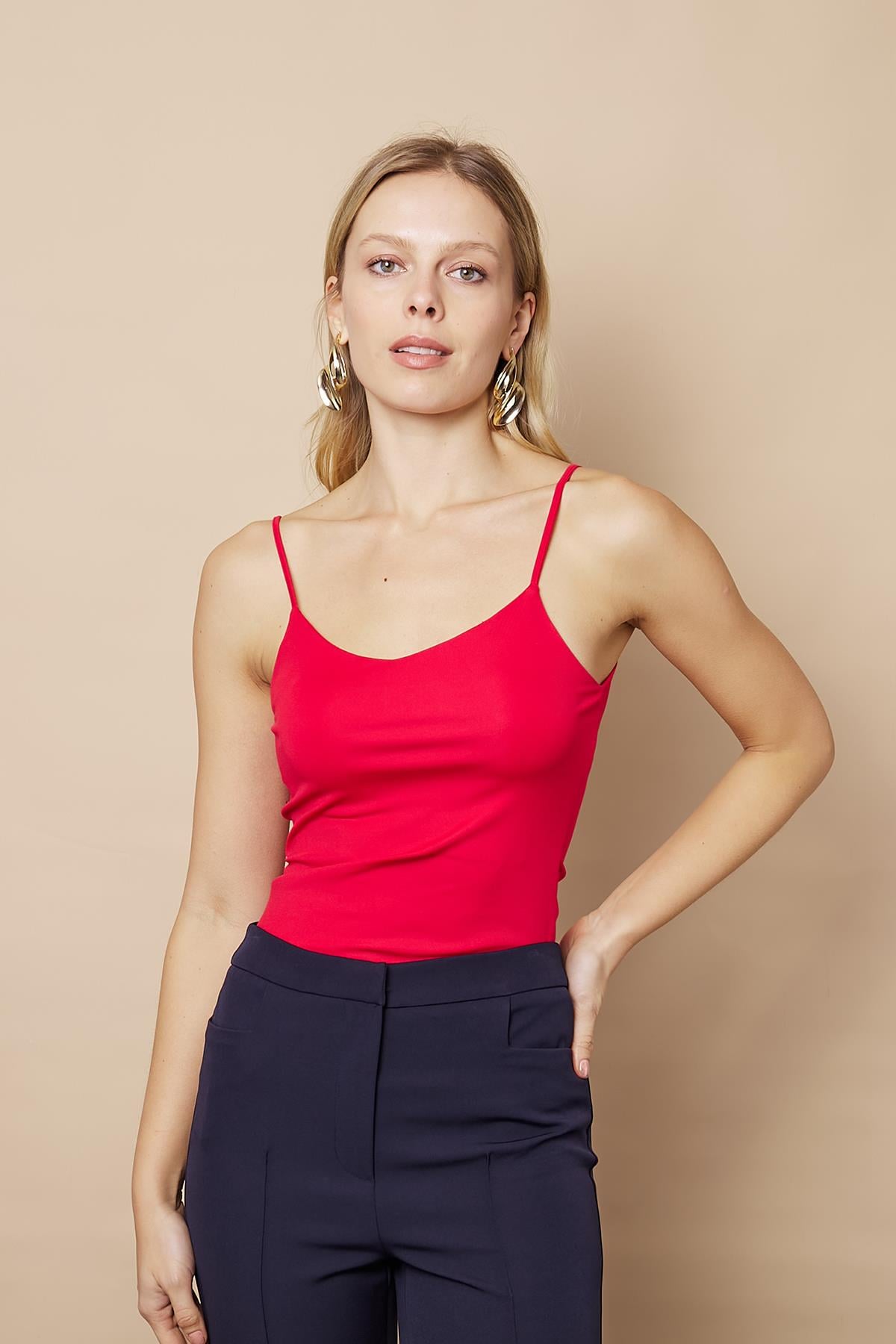 Parlak kumaş İp Askılı Şık Body-Kırmızı
