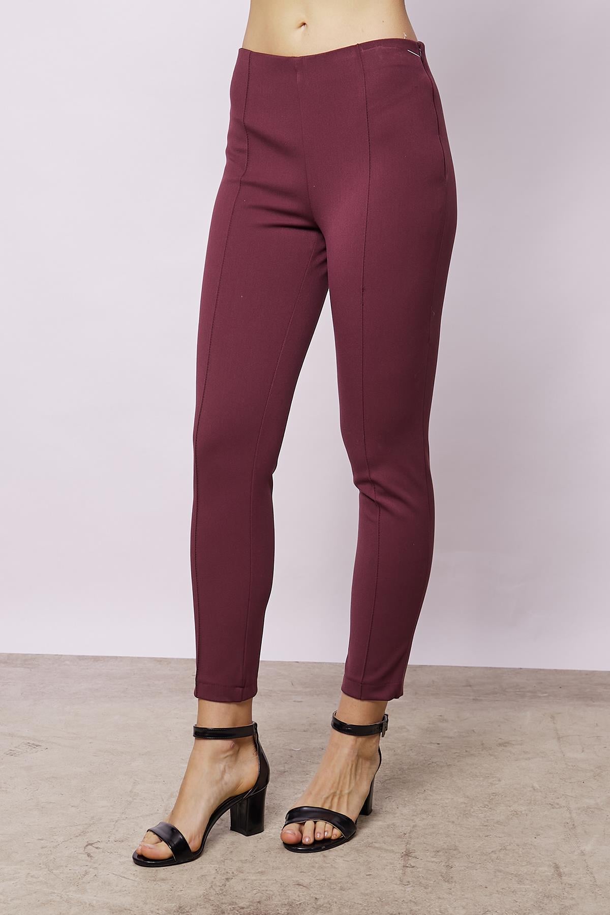 Power Strech Likralı Dar Kesim Yüksek Bel Beli Lastikli Bilek Boy Pantolon-Bordo