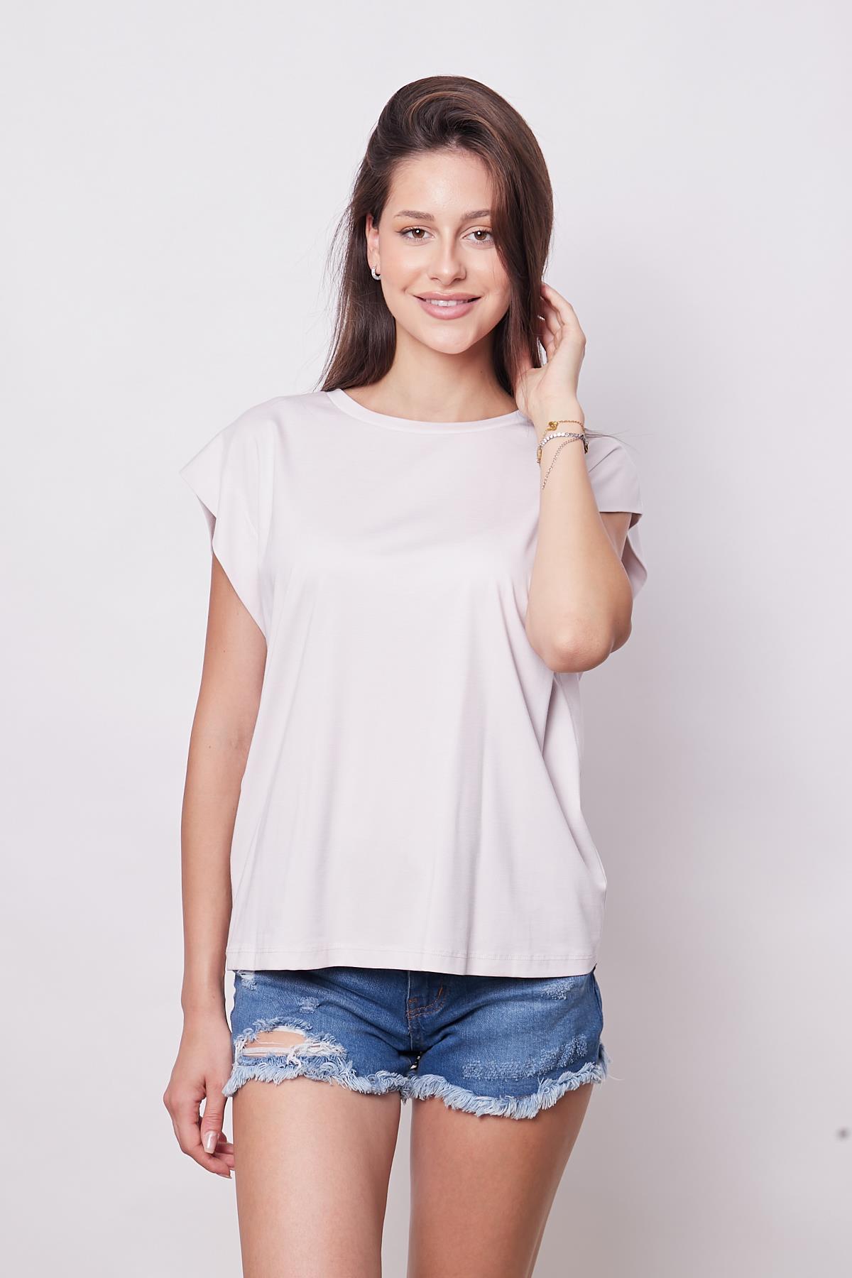 Şık Likralı Span Kumaş Kolsuz Geniş Sıfır Yaka Düşük Omuzlu Basic Tshirt Bluz-Şampaya