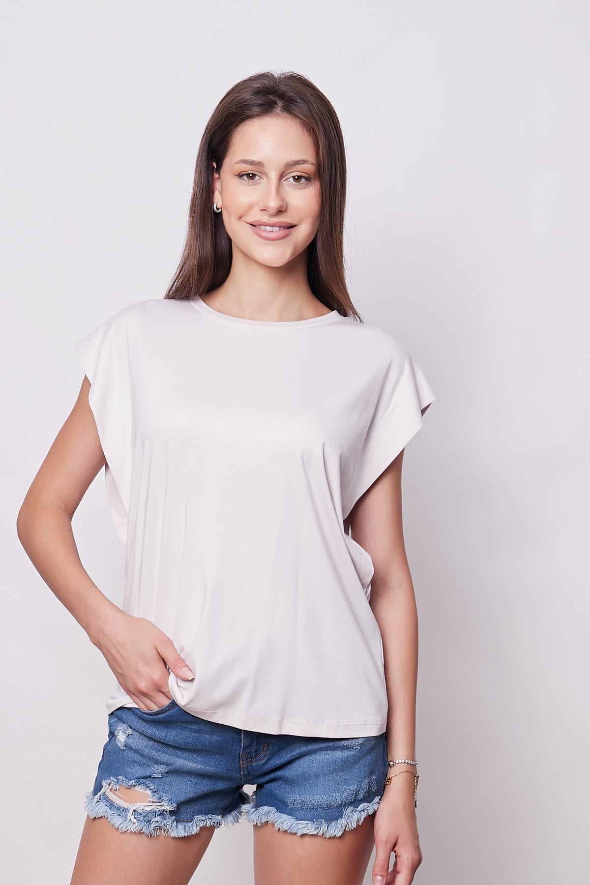Şık Likralı Span Kumaş Kolsuz Geniş Sıfır Yaka Düşük Omuzlu Basic Tshirt Bluz-Şampaya